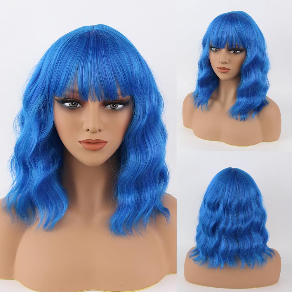 Blue Wigs with Bangs for Women 14inch loose wavy bob Wig With Bangs Curly Wavy Shoulder Length Bob Synthetic Wigs Colorful Wavy Wigs for Cosplay Daily Party Use Halloween Wig (Blue, 14 Inch) - Image 8