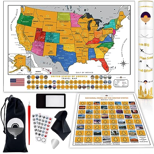 Large Scratch Off USA Map with All 63 National Parks, 50 Landmarks & State Flags – 24x17 United States Travel Tracker Poster – Detailed Scratchable US Map Wall Decor with Tools – Deluxe Travelers Gift