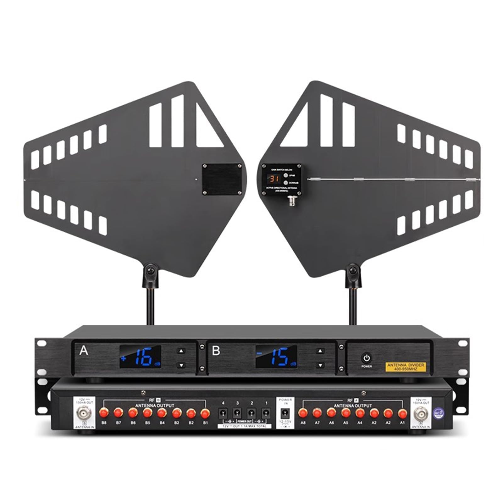 Sistema di microfoni wireless, distribuzione antenna UHF, 16 canali, guadagno regolabile, gamma di frequenza 400-950 MHz per palcoscenico ed eventi