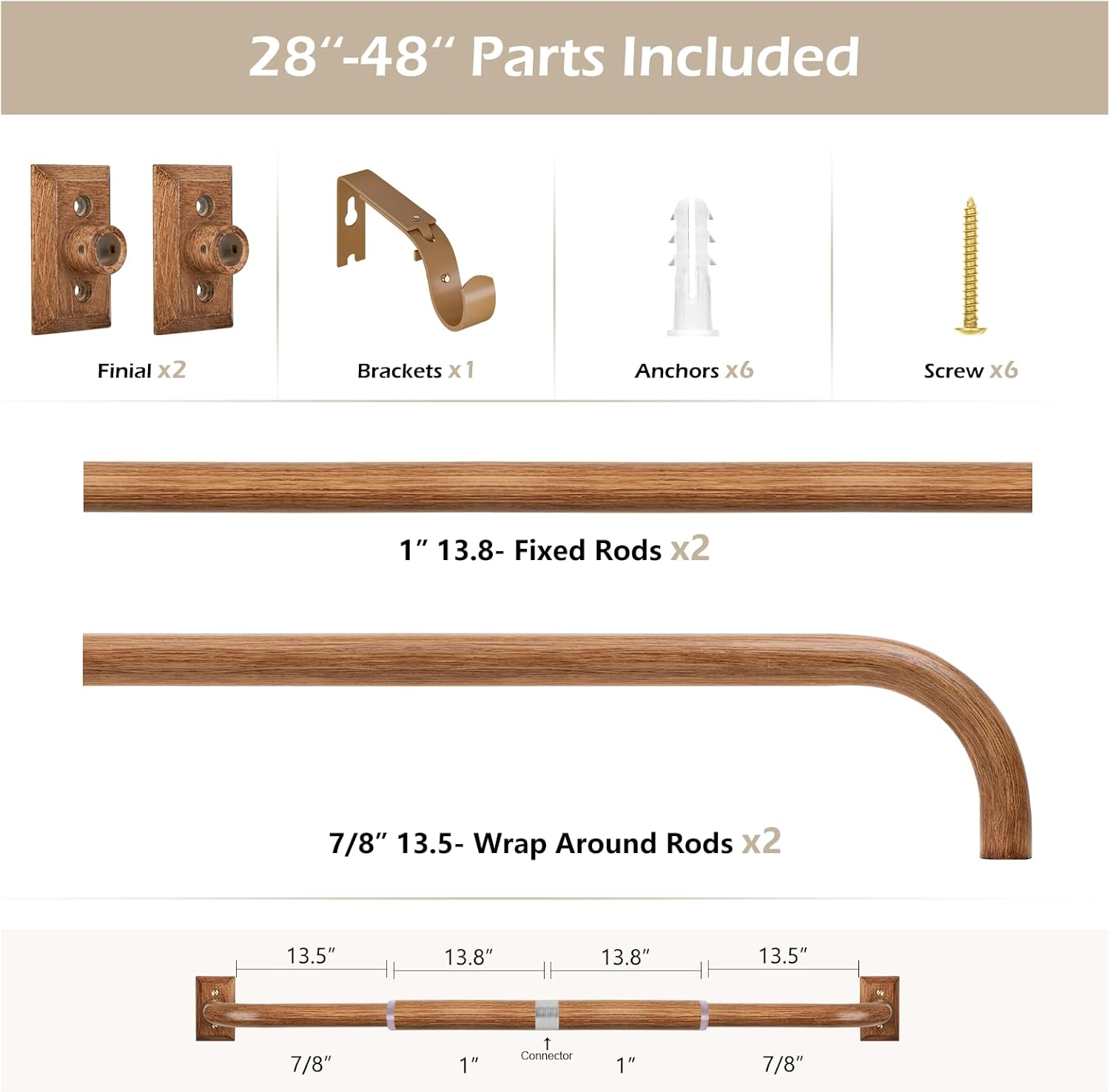 Blackout Wrap Around Curtain Rod 28 to 48 Inch:Heavy Duty Adjustable Imitation Wood Curtain Rod 1 Inch Wooden Room Darkening Curved French Windows Curtain Rods for Farmhouse Bedroom Easy Install