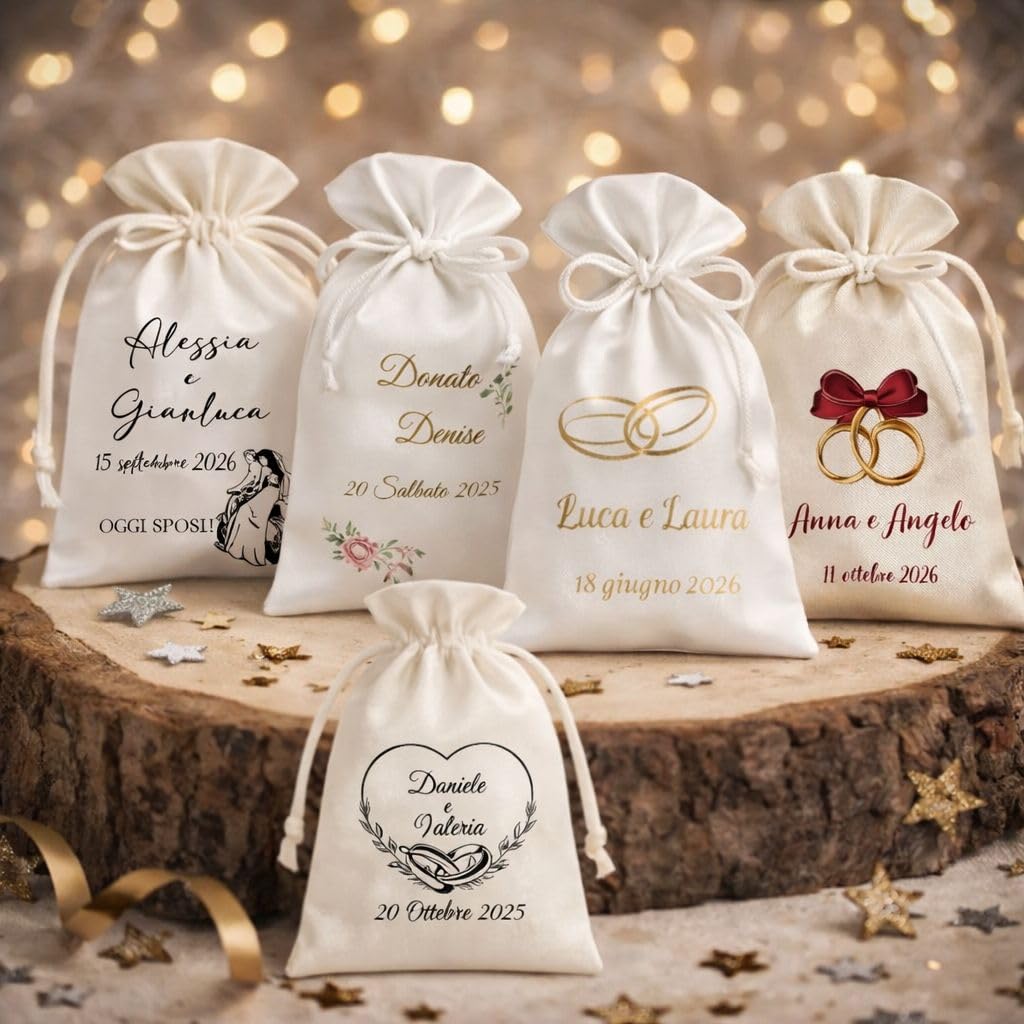Cormar Sacchetto Portaconfetti Personalizzato per Matrimonio, con Nome e Data, Chiusura con Cordoncino, Kit 12 pezzi (FIOCCO BORDEAUX)