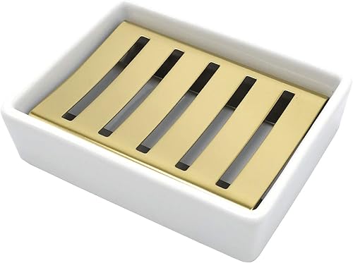 Lofekea Jabonera de cerámica dorada de acero inoxidable para ducha y baño, caja de jabón de drenaje de doble capa