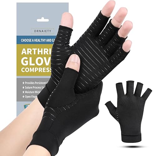 DRNAIETY Copper Arthritis Compression Gloves for Women and Men, for Arthritis Hand Pain, Anti-Slip, Fingerless - Medium