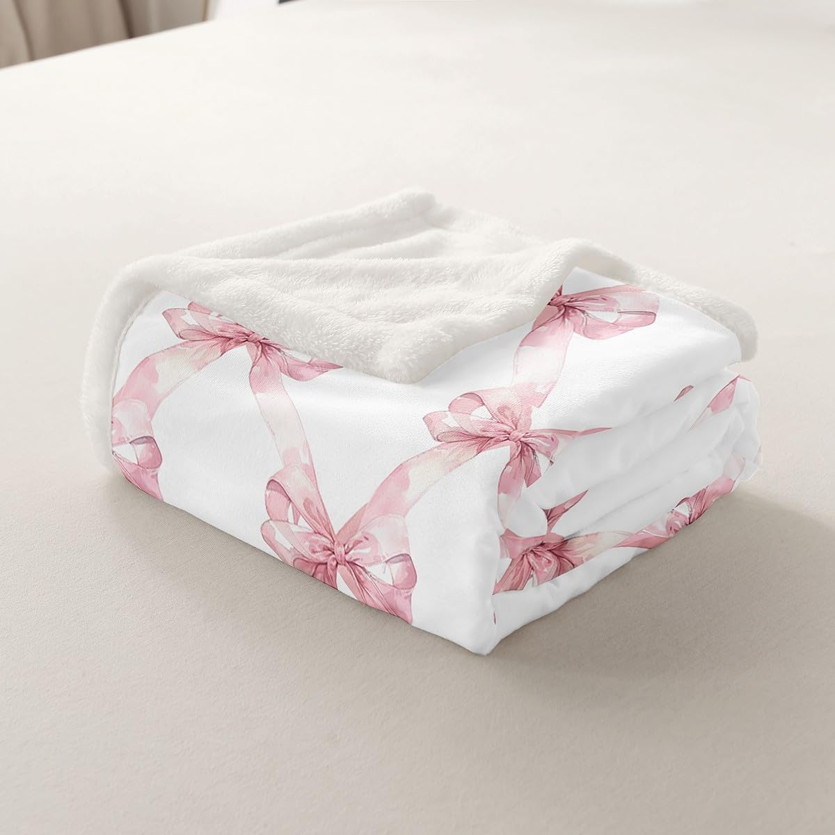 Manfei Pink Bowknot Flannel Blanket Dreamy Princess Style Kids Girls Fleece Throw Blanket for Room Decor,Watercolor Bow Geometric Grids White Bed Blanket for Bed Sofa Couch,Baby 30"x40" - Image 8