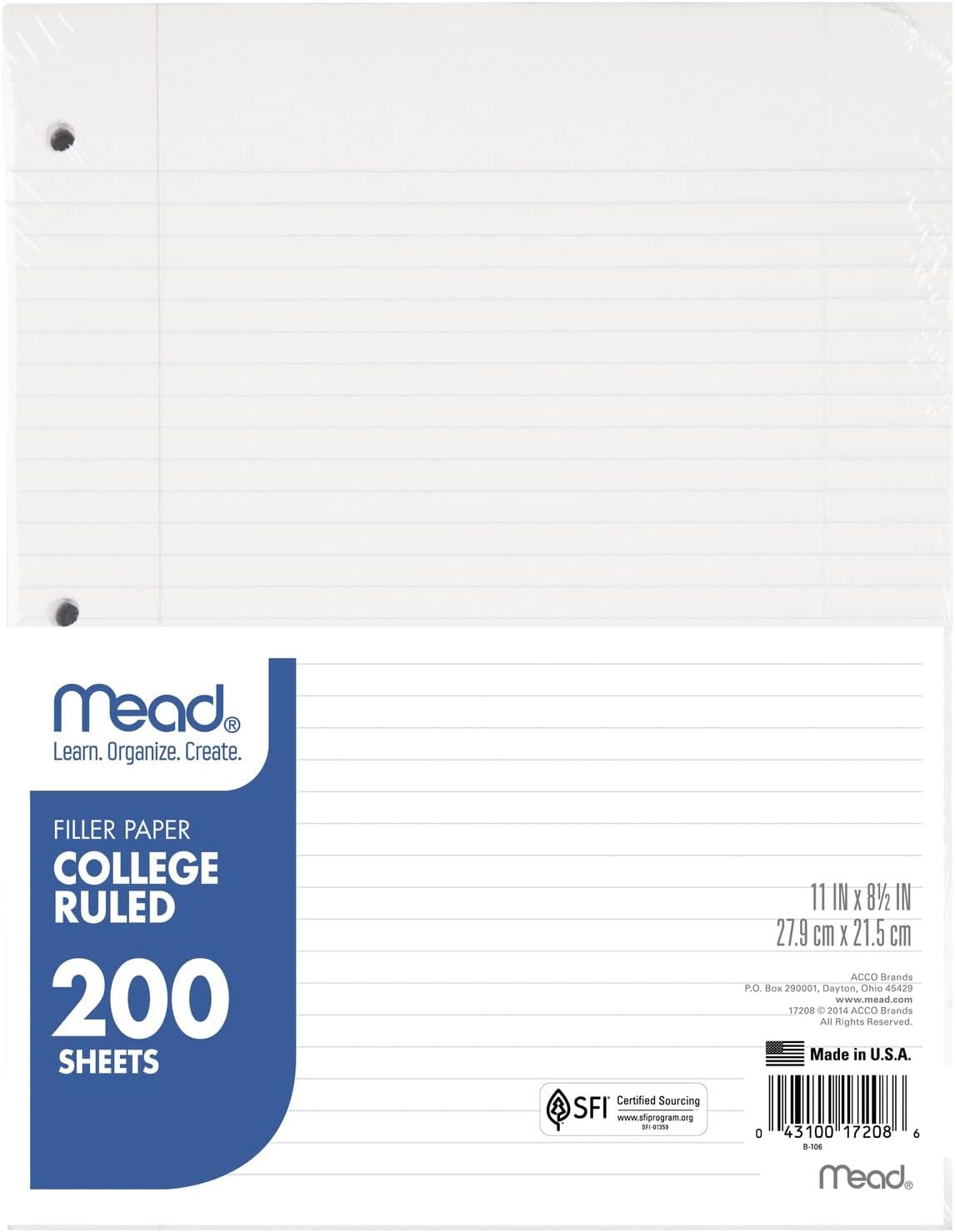 Loose Leaf Paper, Filler Paper, College Ruled, 200 Sheets, 11" x 8-1/2", 3 Hole Punched, 1 Pack (17208)