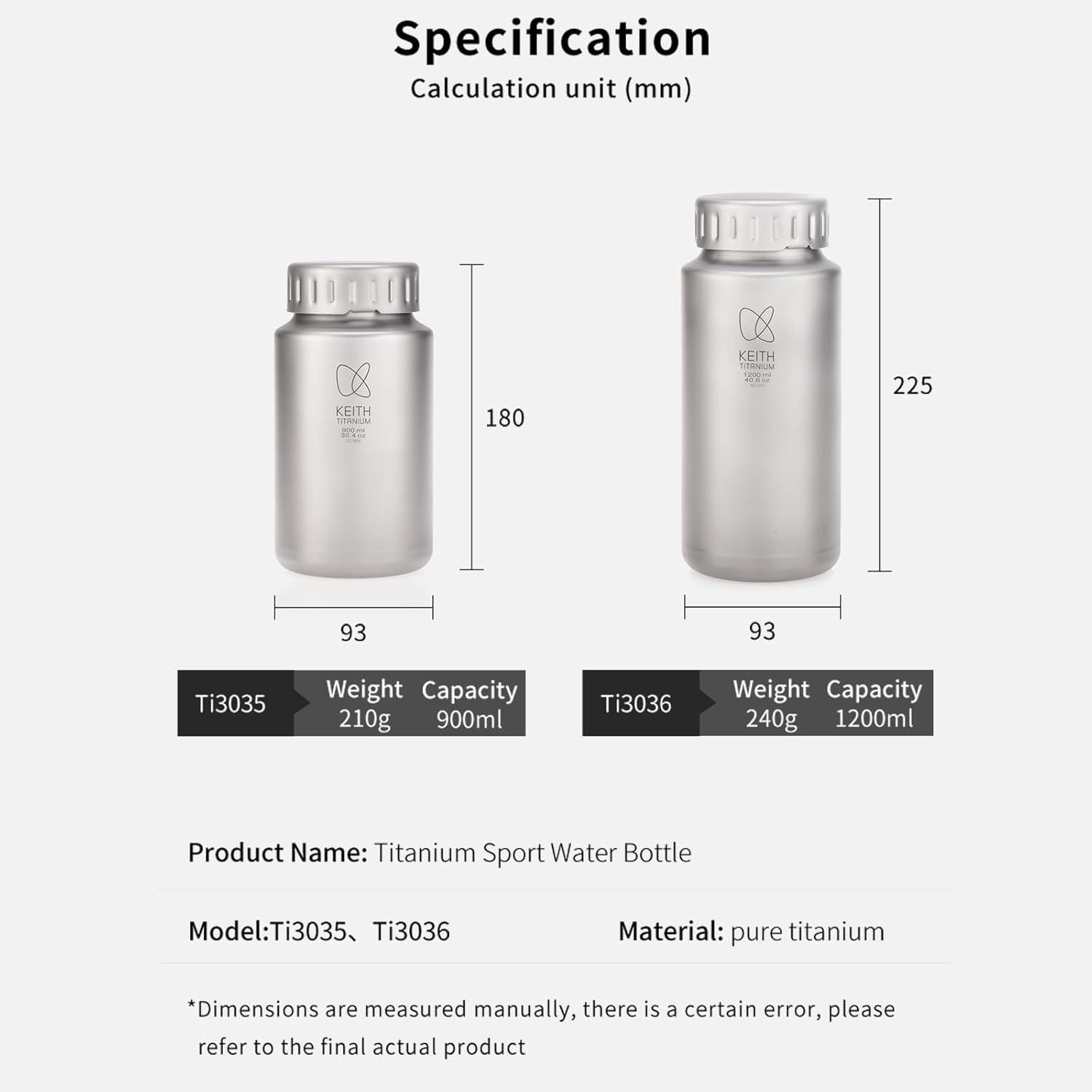 Keith Titanium Water Bottle Lightweight Wide Mouth Camping Water Bottle Cup Hiking Climbing Cycling with Storage Bag (900ml Ti3035)