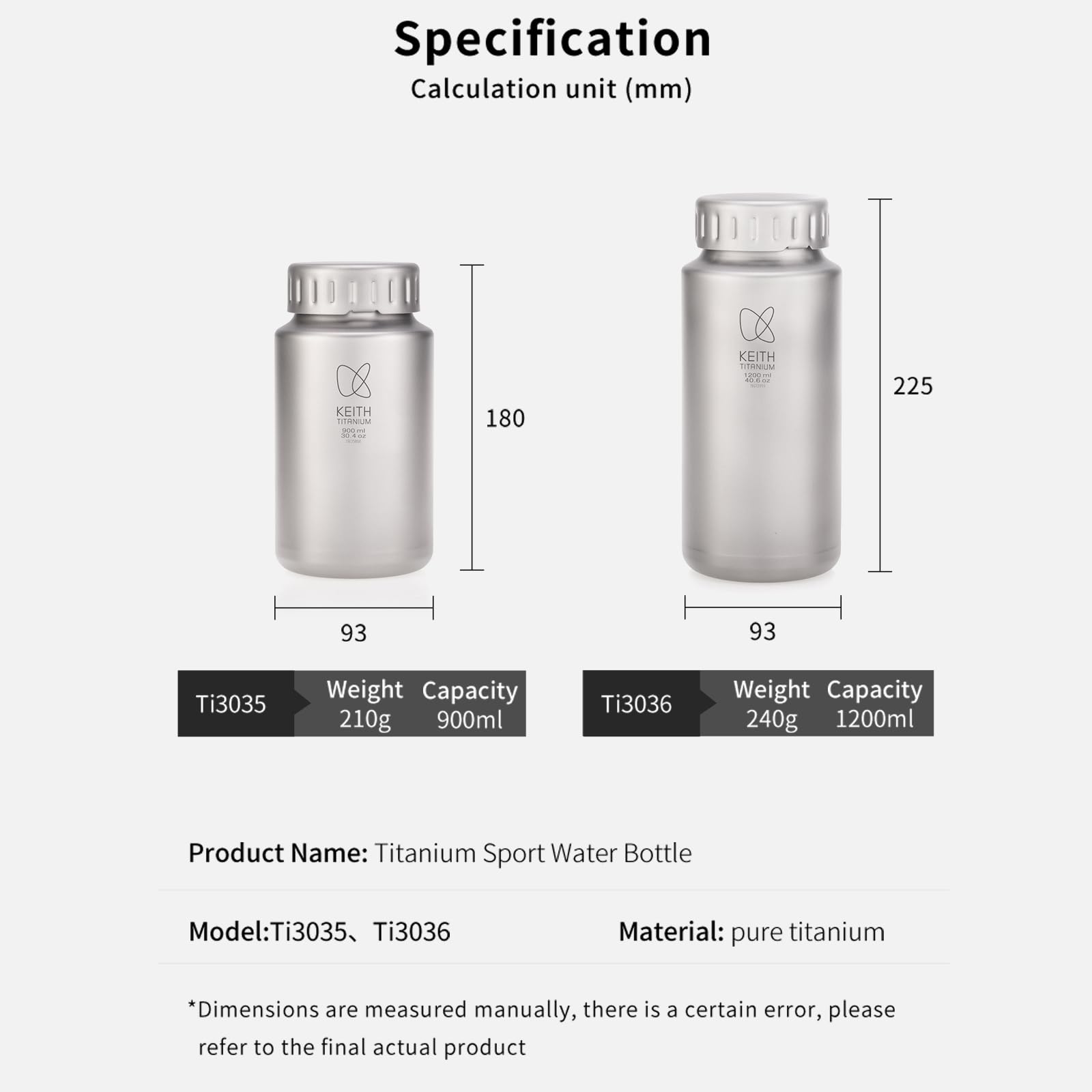 Keith Titan-Wasserflasche, leicht, weite Öffnung, Camping-Wasserflasche, Becher, Wandern, Klettern, Radfahren, mit Aufbewahrungstasche (900ml Ti3035)