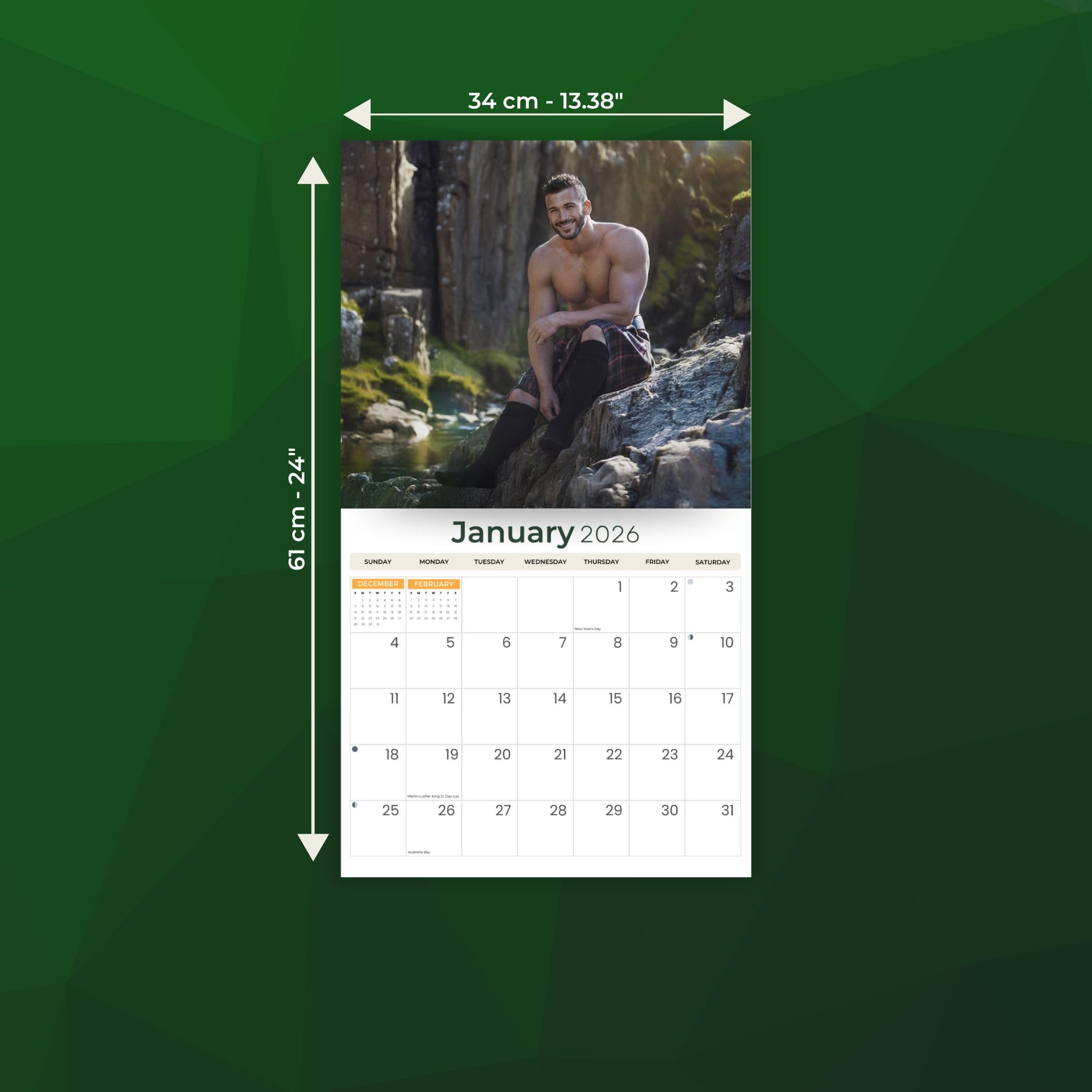 2026 Men in Kilts Deluxe Wandkalender | Kilted Guys | Hot Scottish Boys | 30,5 x 33,8 cm | plastikfrei | 16 Monate | plastikfrei | Organizer für Zuhause und Büro | Monatsansicht, wichtige Feiertage