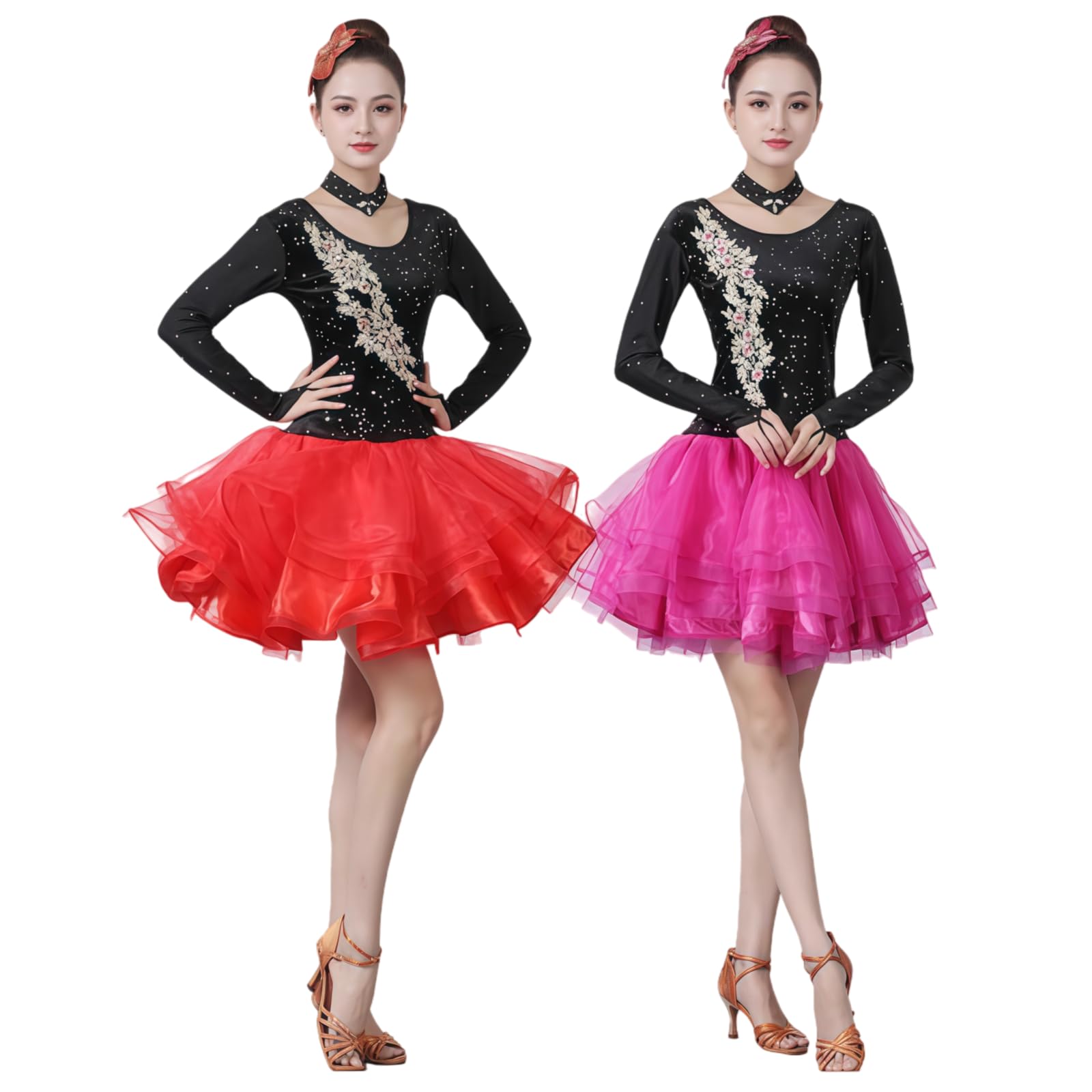 Abito da Ballo Latino per Donna, Vestito Intero Nero E Rosa con Strass E Gonna Corta A Strati, Abito Scintillante per Esibizioni di Cha-Cha, Rumba E Samba