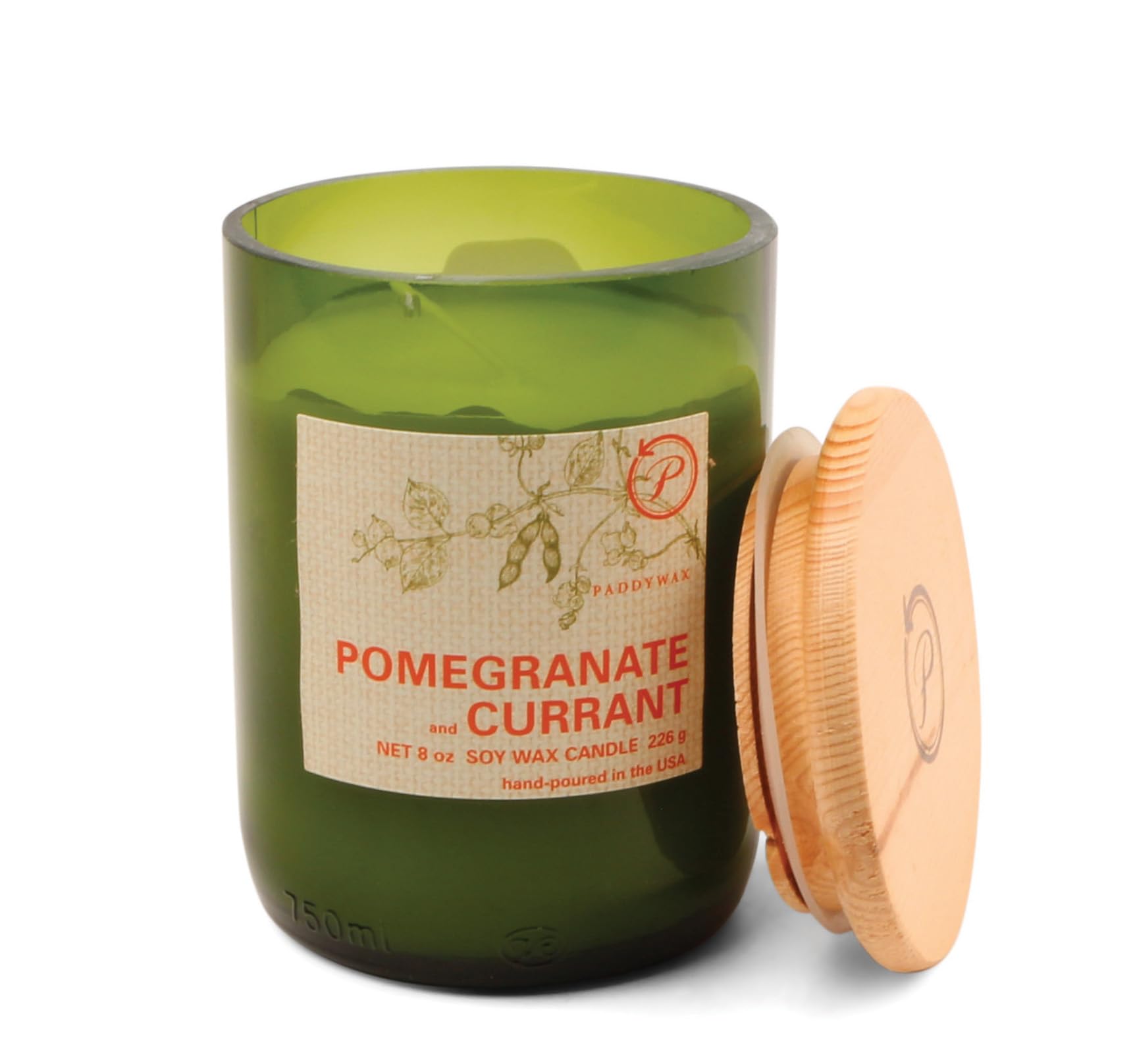 Paddywax Pomegranate & Currant Scented Candles Eco Green Artisan Candle In Recycled Glass Vessel, 226G,