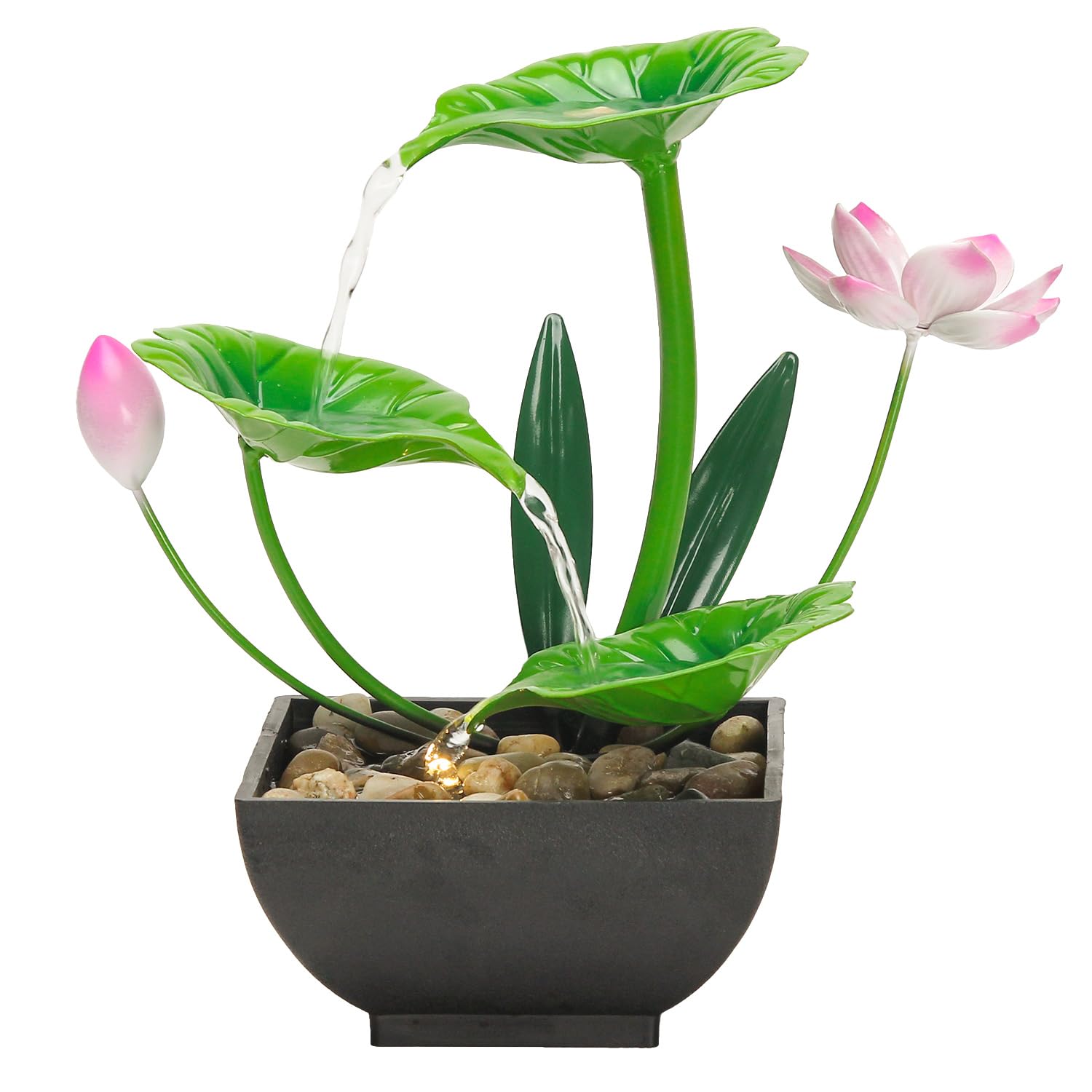 YOQUATE Water Fountain Indoor Waterfall Fountain 3-Tier Tabletop Fountain Lotus Desk Relaxation Home Decor Including Lots of Rocks and Soothing Sound Machine (Green 1)