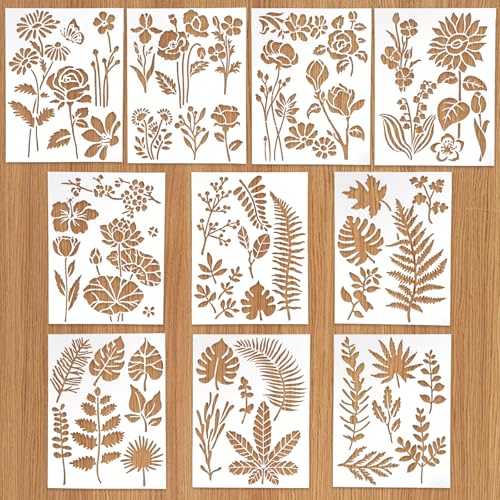 KATIMI 10 Piezas Plantillas para Pintar Diseño Textil, 13×17cm Stencil Hojas Stencils Pintura, Plantillas Aerógrafo Flores Reutilizables Diseño Pared, Stencil para DIY Scrapbooking Decoración Pared