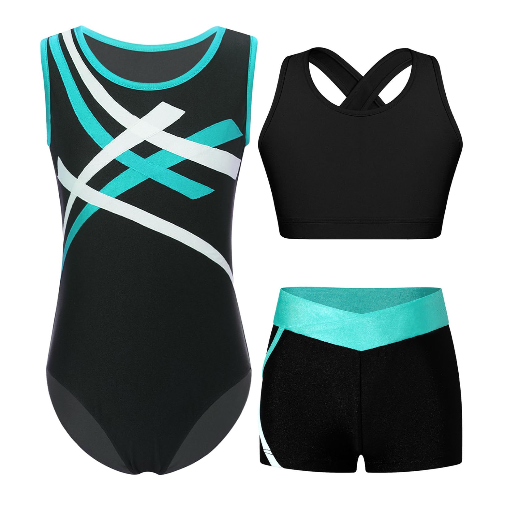 Oyolan Ensemble Sport Fille Enfant Justaucorps Gymnastique Tank Top Sport Short de Gym Fitness Yoga Workout Sportwear