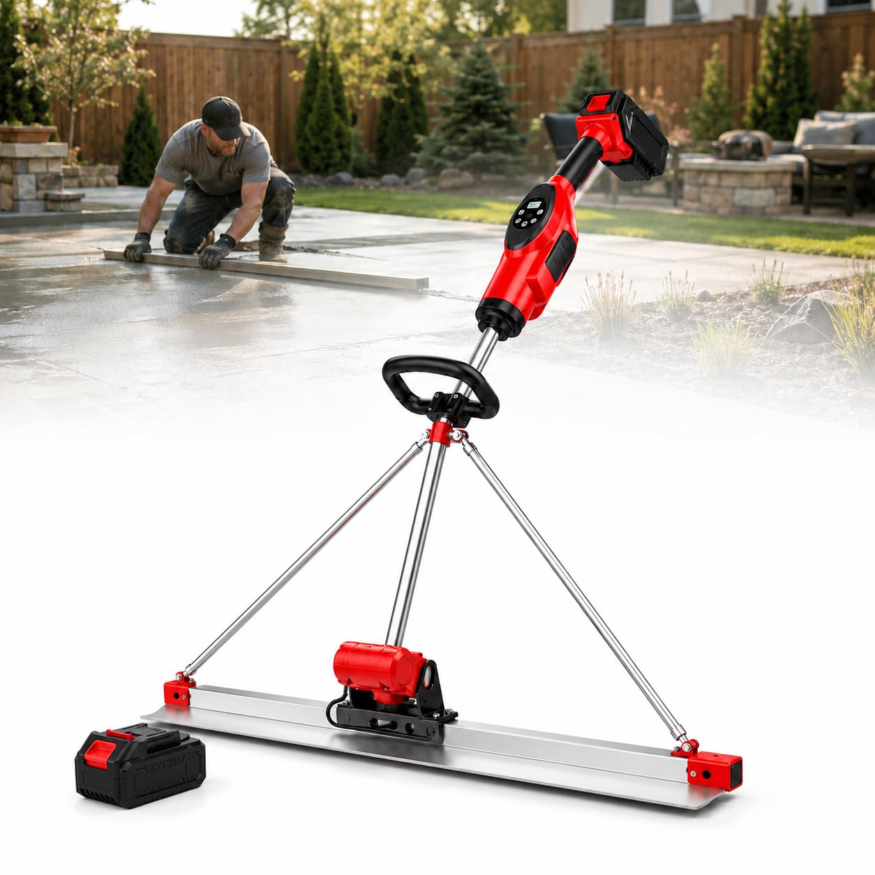 Concrete Power Screed Vibratory Kit, 21v Cordless Electric Cement Finishing Tool With 59in Stainless Steel Board, 9 Speed Setting Suitable, For Concrete, Sidewalks, Driveways singlebattery