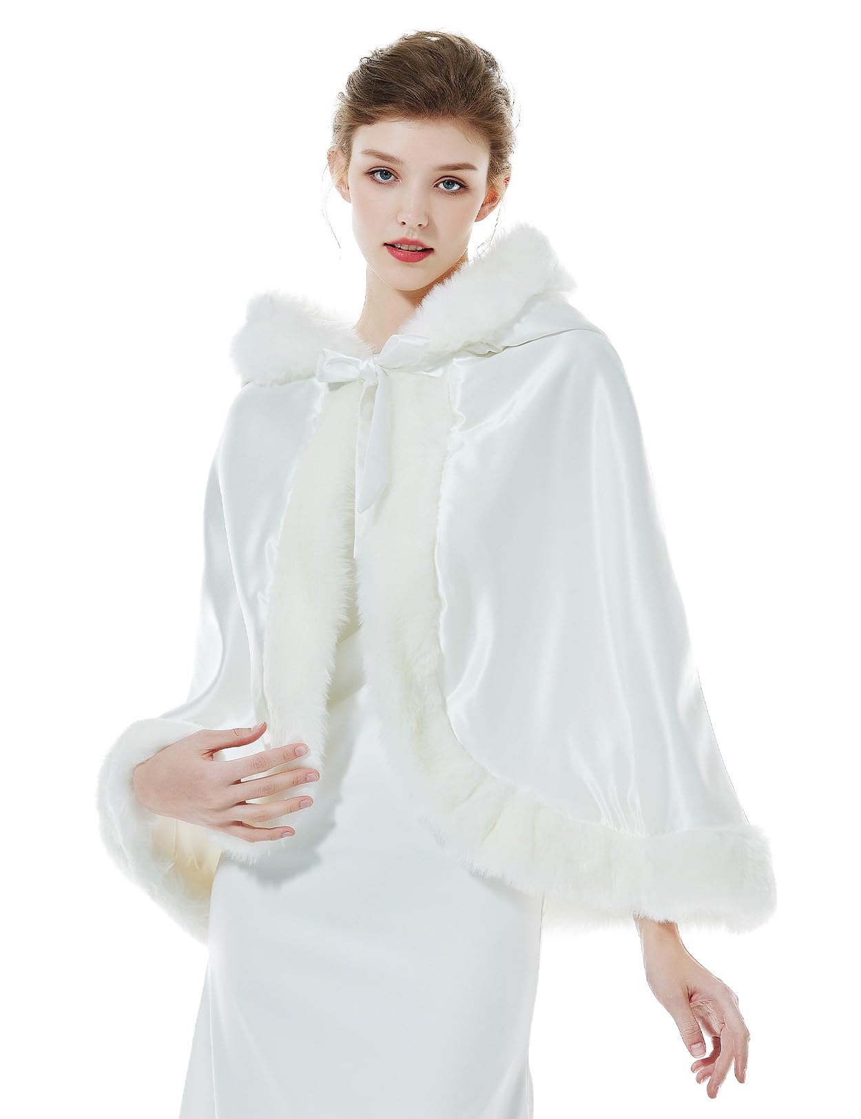 BEAUTELICATE Femme Cape à Capuche Fourrure Courte de Mariage Chaude Capuchon Manteau de Mariée Soirée Automne Hiver