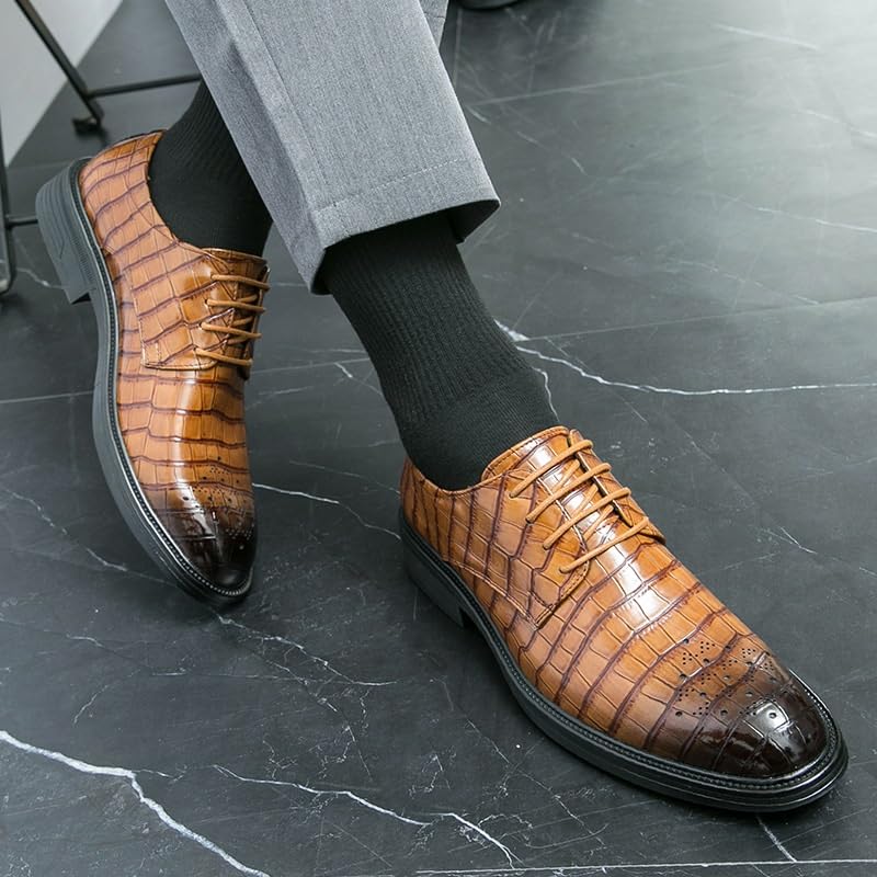 Men's Brogue Shoes Retro Pointed Chunky Heel Non-Slip Business Dress Shoes Genuine Leather Oxford Shoes for Men(Brown,10)2