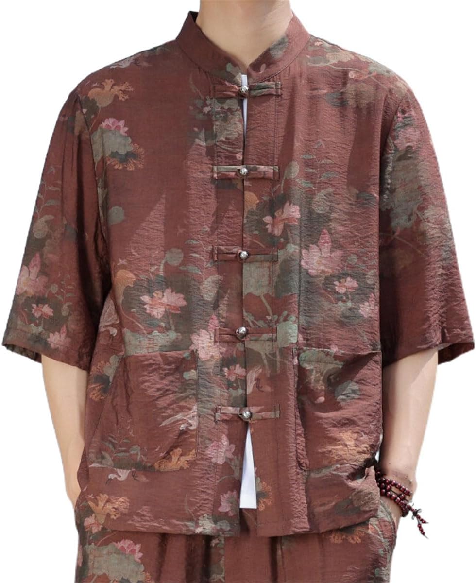 Men's Shirt Summer 3/4 Sleeve Floral Print Mandarin Collar Jacket