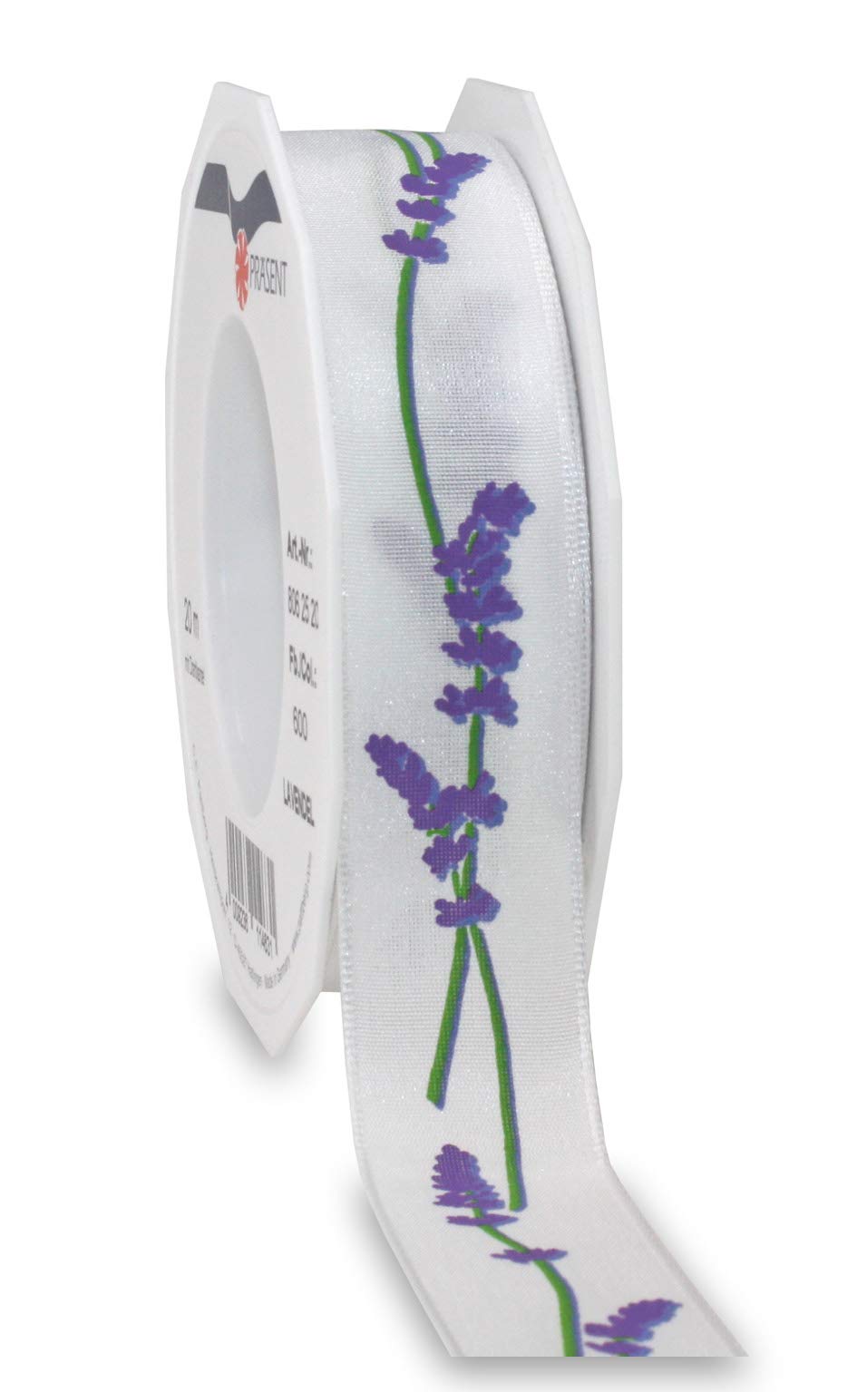 Präsent - Lavendel Printed Ribbon White 25 mm Width, 20 m Length, Blue-yellow