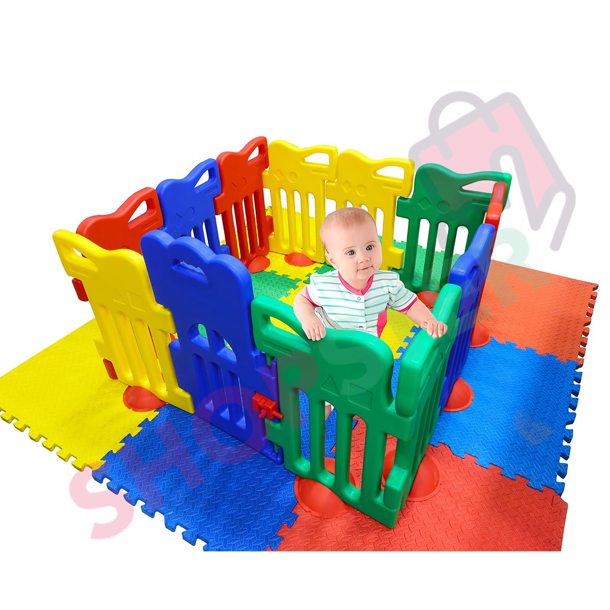 Shopster Baby Playpen Kids Activity Centre Safe & Spacious Play Yard Home Indoor Outdoor, Happy Game Enclosure Ball Pool Area for Toddlers with Lockable Gate (Multicolour, 12 Panel Set) - Image 9 thumbnail