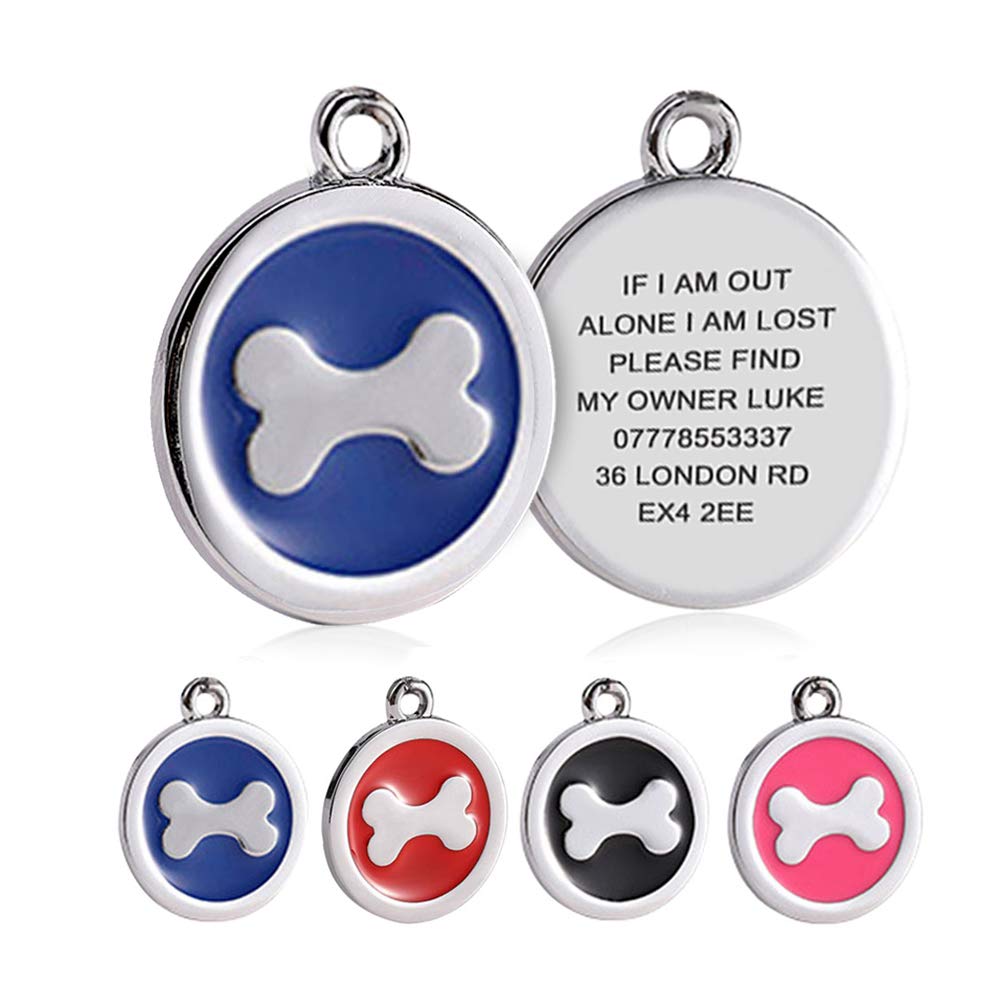 howson london Personalised Engraved 25mm Colourful Tag for Cat Dog Puppy Pets Collar Stainless Steel Tag Bone Paw Design (Blue Bone)
