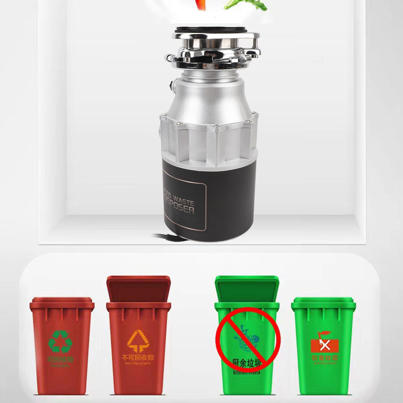 Triturador de Basura, Triturador de Basura de Fregadero de Acero Inoxidable con Cámara de Trituración de 1200ml, 3800RPM Alimentación Continua Triturador de Residuos de Comida