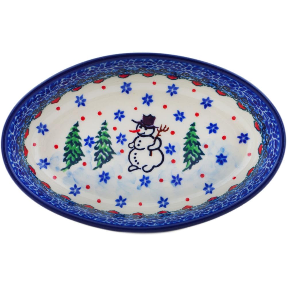 Authentic Polish Pottery Condiment Dish Signature UNIKAT in Dancing Snowman Design Handmade in Boles?awiec Poland by Ceramika Artystyczna + Certificate of Authenticity