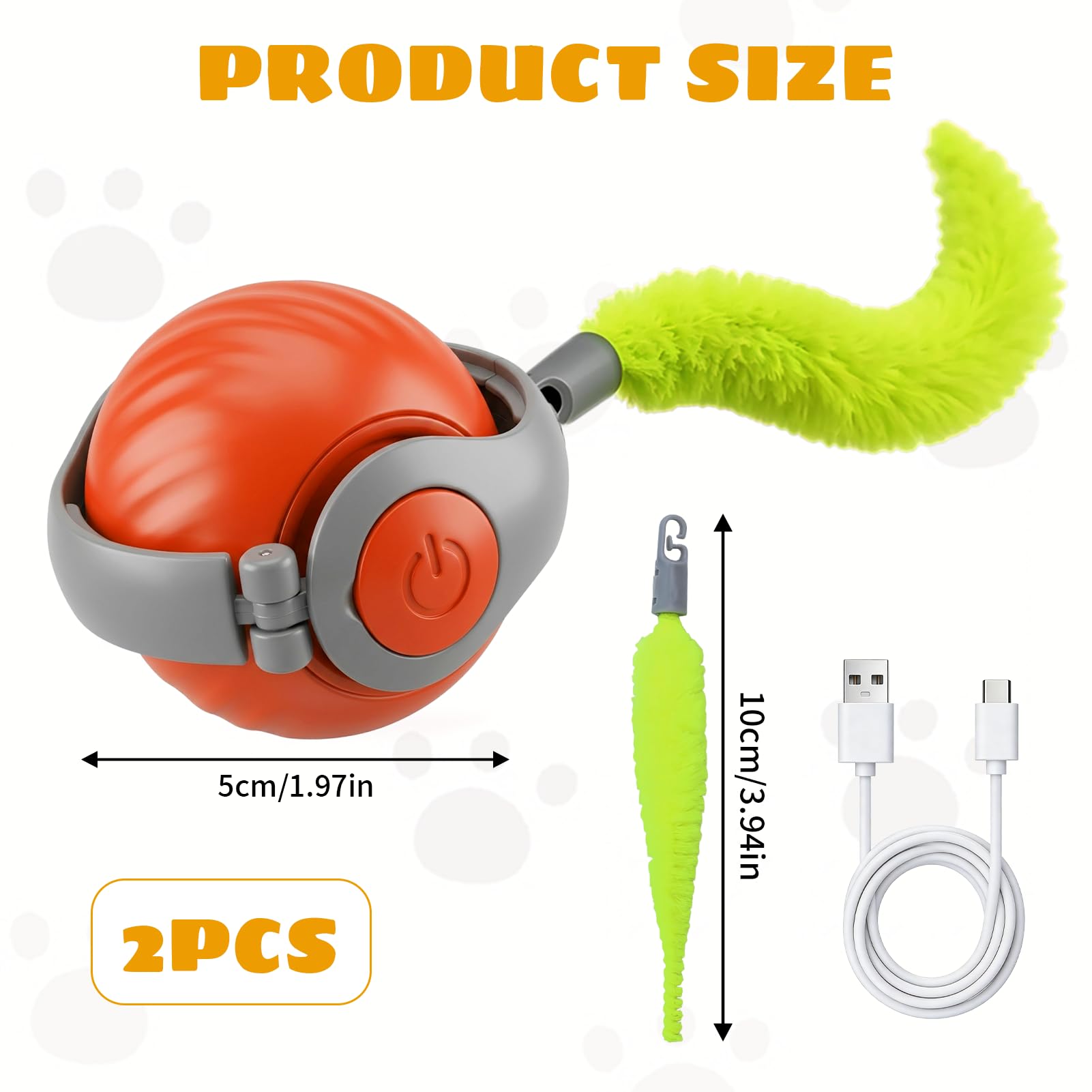 Lot 2PCS Jouet Chat Interactif Balle Interactive Chat Automatique, Jouet pour Chat Intérieur avec Queue Peluche, Jeux Chat Appartement Anti Ennui, Jouet Chat Intelligent Rechargeable, Orange