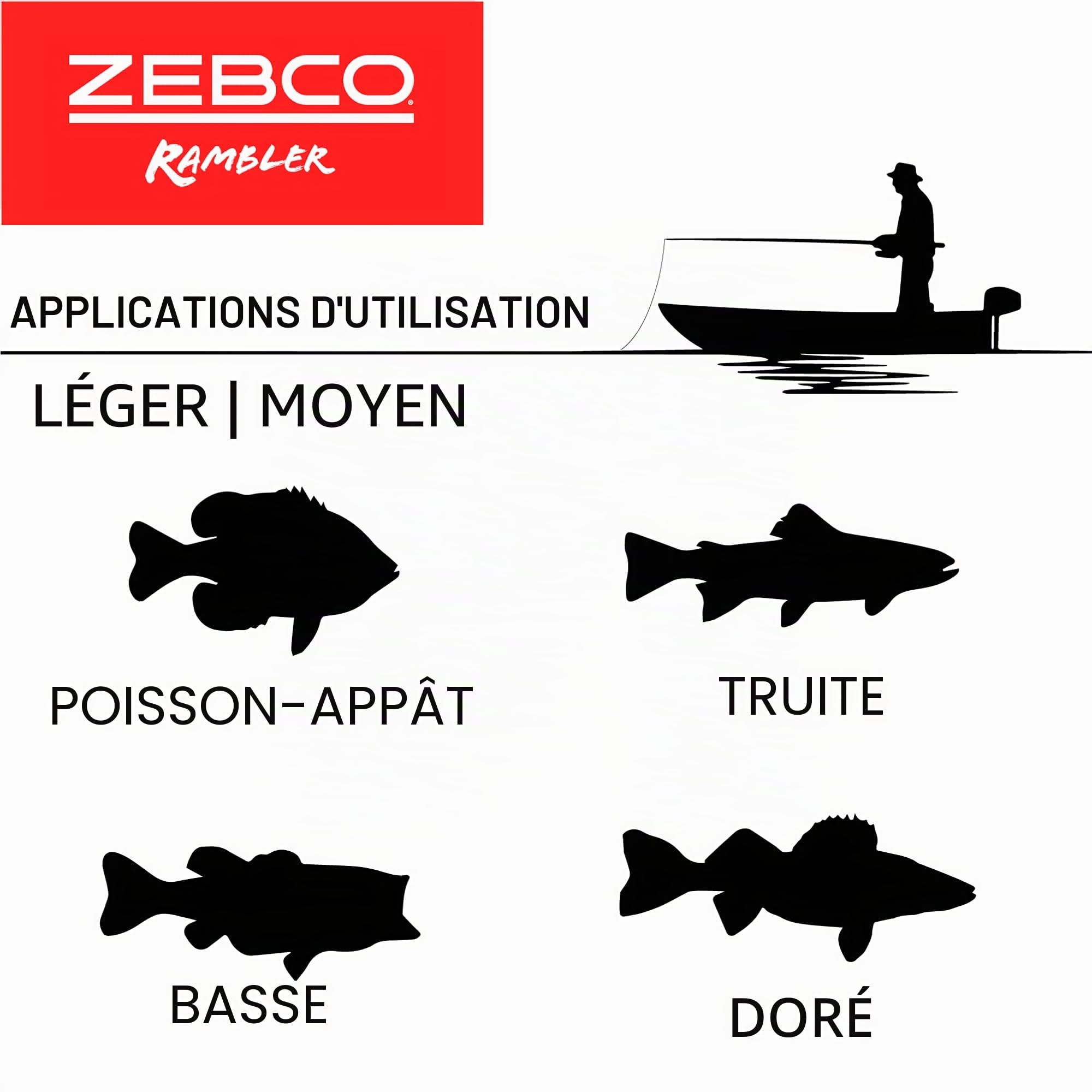 Zebco Rambler Ensemble Moulinet et Canne à pêche, Canne en Fibre de Verre Durable avec Mousqueton intégré, Moulinet breveté Anti-emmêlement, pré-enroulé avec Une Ligne de pêche Zebco 3,6 kg