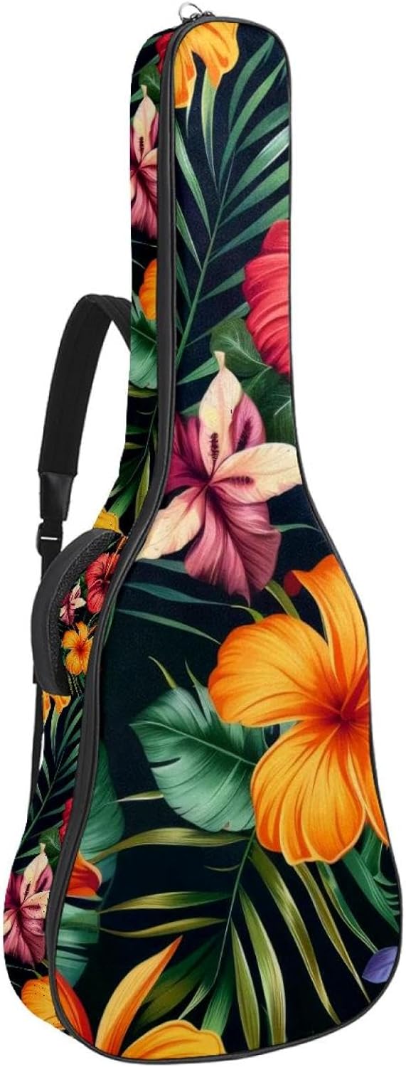 40 41 42 Inch Guitar Bags, Waterproof Padded Acoustic Guitar Case Backpack with Adjustable Shoulder Strap & Pockets, Exotic Flowers Palm Leaves Hibiscus Floral