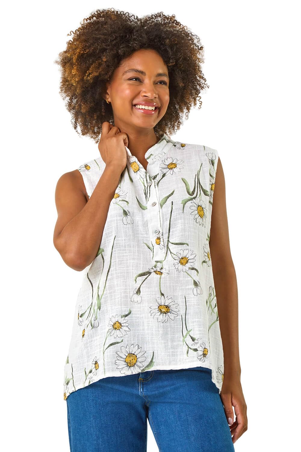 Roman Originals Women's Ivory Daisy Print V-Neck Vest For Uk - Everyday Holiday Spring Summer V-Neckline Comfy Soft Evening Vacation Work Party - Large
