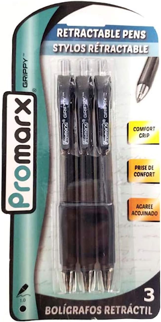 Promarx BR10-KP1B03-48 Grippy Retractable Ballpoint Pen with Clear Barrel, 1.0 mm, Black, 3 Count