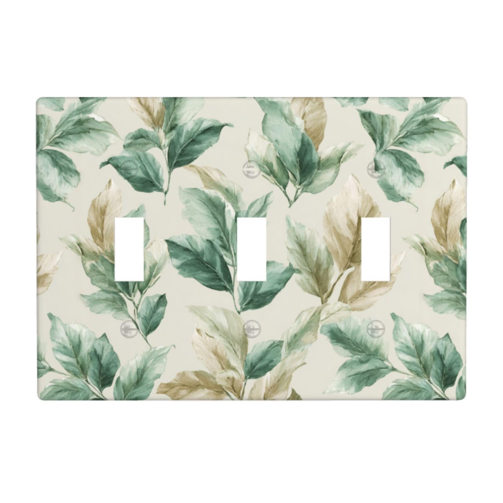 Woshuwo White Light Green And Beige Leafy Foliage Light Switch Covers 3 Gang Triple Toggle Wall Plate Switchplate Electrical Faceplate For Bathroom Kitchen Bedroom Decor