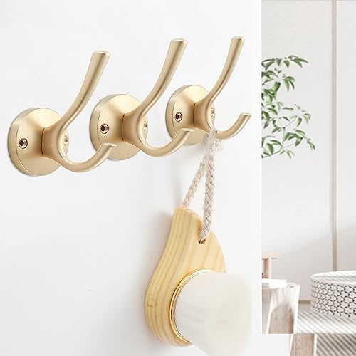 Vista 6 de Ganchos dorados para pared, paquete de 3 ganchos para toallas, de metal resistente, doble gancho para bata de baño, ganchos para sombreros
