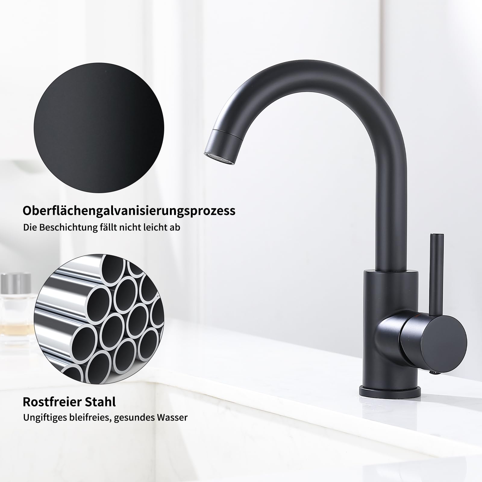 HOMELODY Niederdruck Armatur Bad/Küche Schwarz Waschtischarmatur 360° Drehbar Wasserhahn Bad Armatur Waschbecken Mischbatterie Einhebelmischer Waschbeckenarmatur