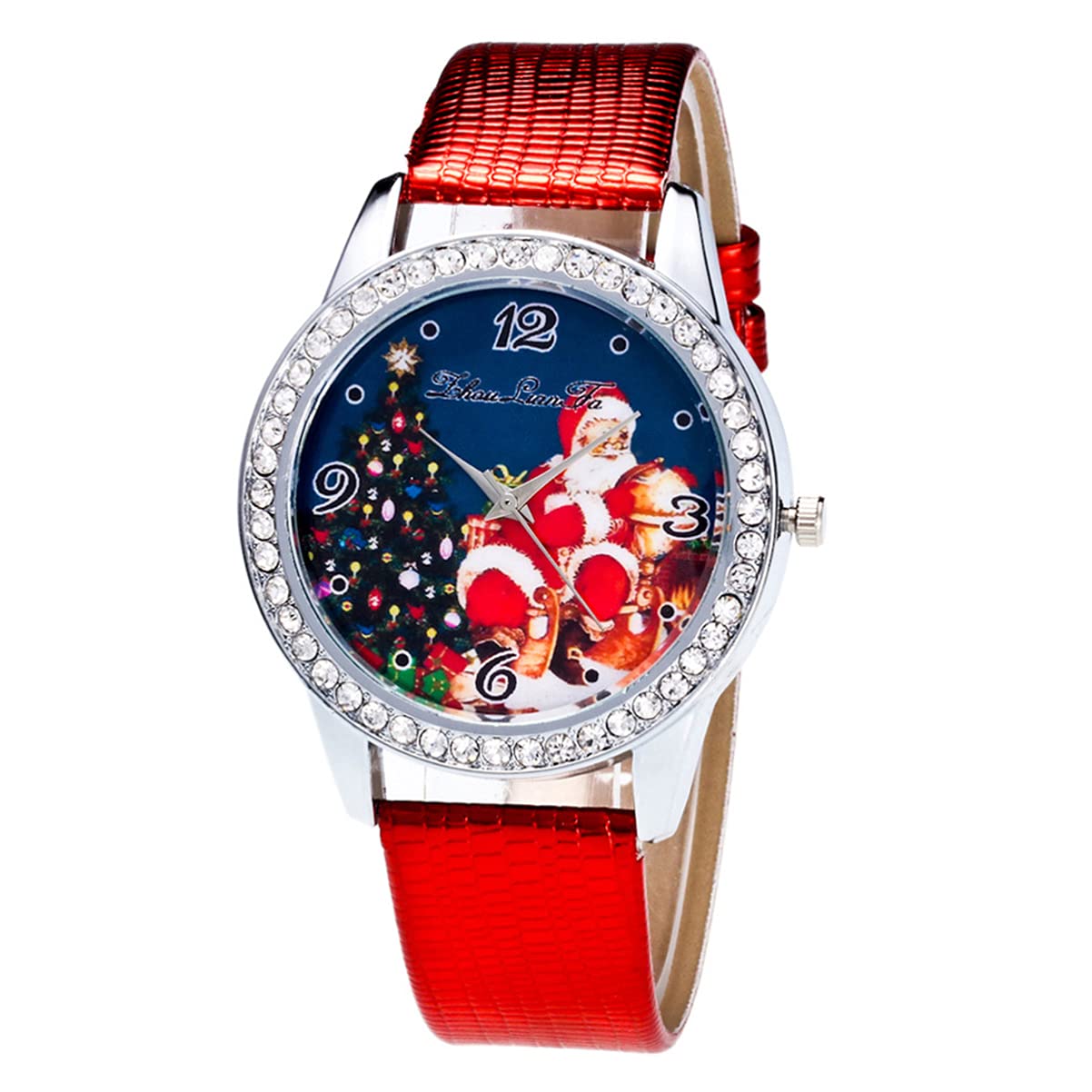 ibaseniceRhinestone Watch Red Watch with Santa Claus Pattern Easy Reader Watch with Leather Strap for Kids Women