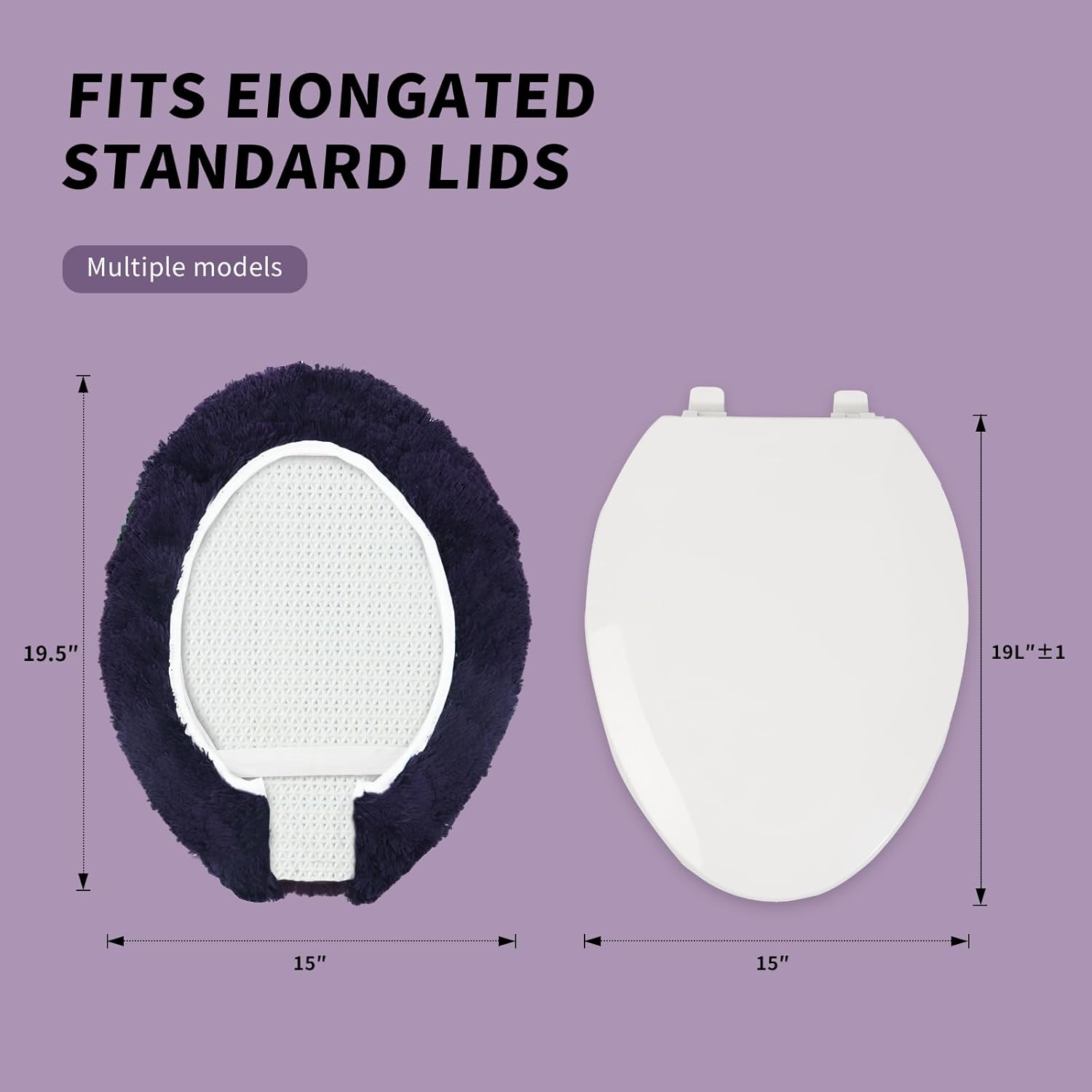 Microfiber Elongated Toilet Seat Cover 19.5"x 15" Machine Washable Solid Toilet Lid Cover Adjustable Rubber Backing Fits Only 18-19.5" L x 14-16" W Elongated Toilet Seat
