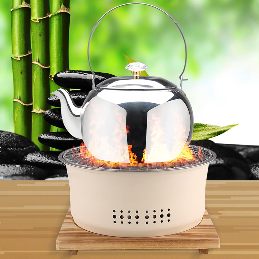 SANQIAHOME Parrilla portátil de carbón de acero inoxidable, antiadherente, redonda, barbacoa o olla caliente, agua hirviendo, estufa de carbón para fiesta en casa, campamento al aire libre