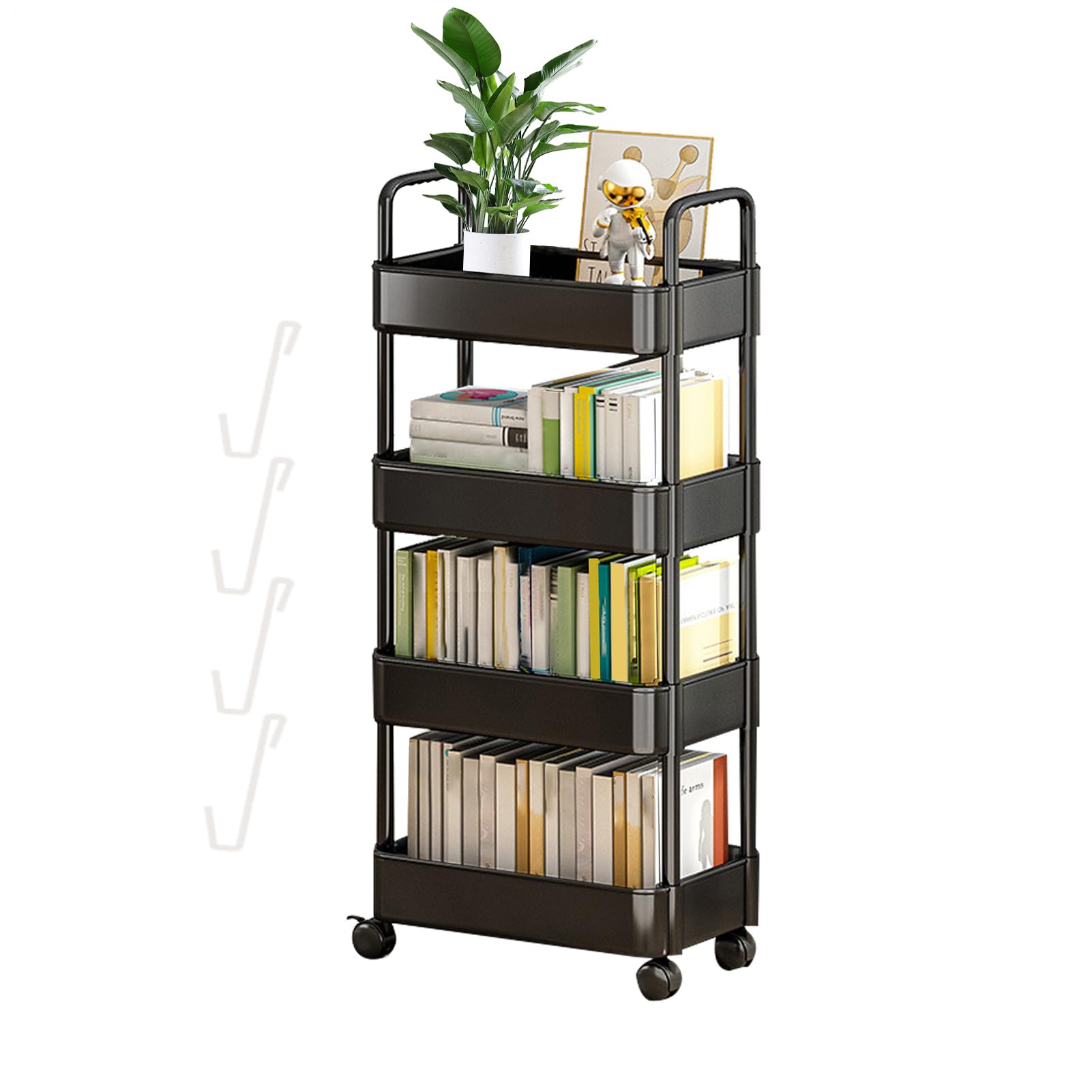 Organizador de almacenamiento para libros, estante con ruedas y ganchos, para aperitivos a 3/4 niveles, organizador de almacenamiento móvil para la organización de la m