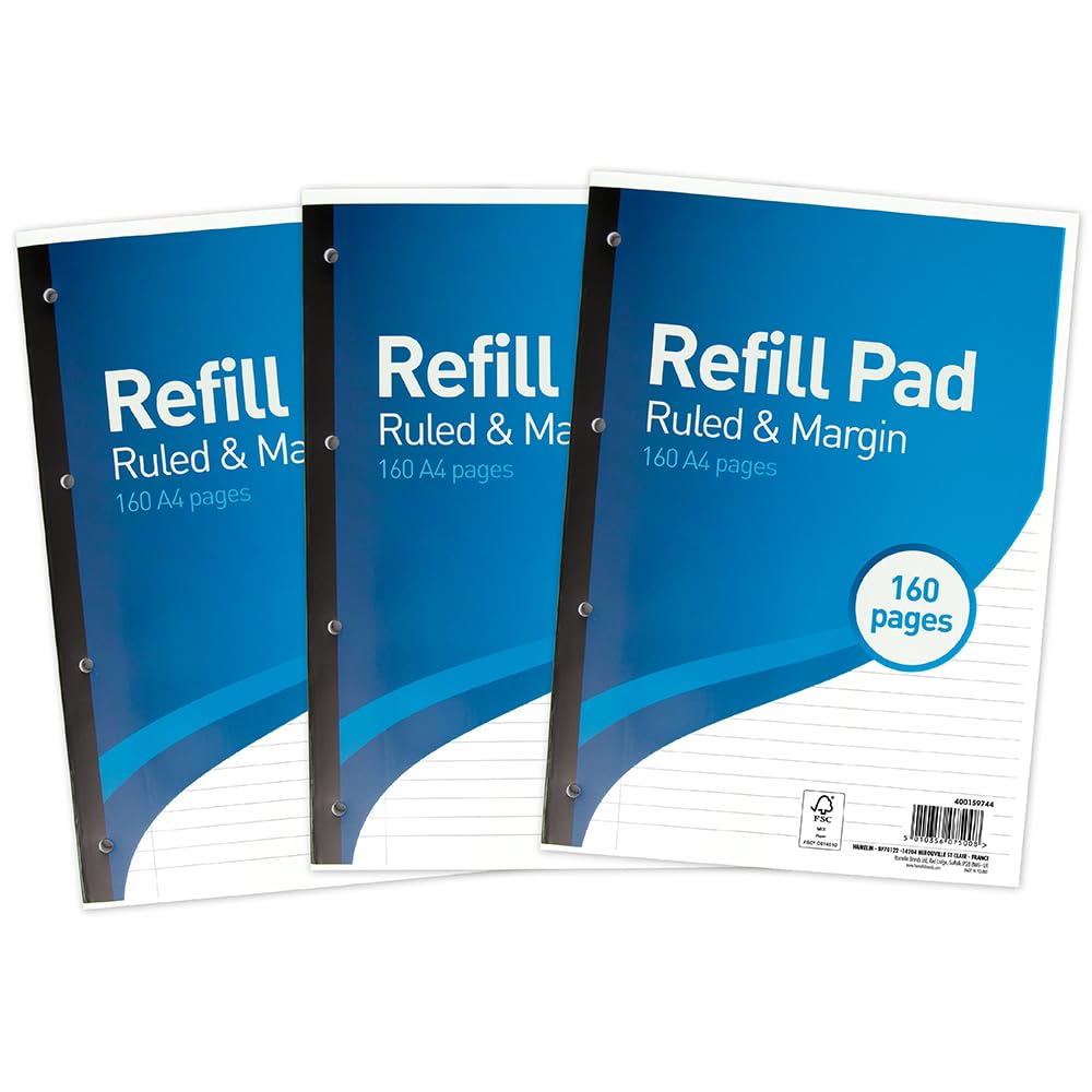 SUMMIT A4 Lined Paper, Refill Pad, 8 mm Ruled and Margin, 160 Page, Pack of 3
