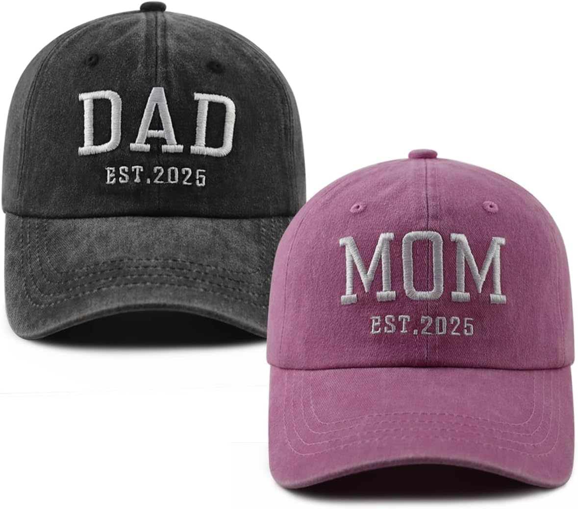 2PCS Mom and Dad EST 2025 Hat for Women Men, Funny Adjustable Cotton Embroidered New Parents Gifts Baseball Cap