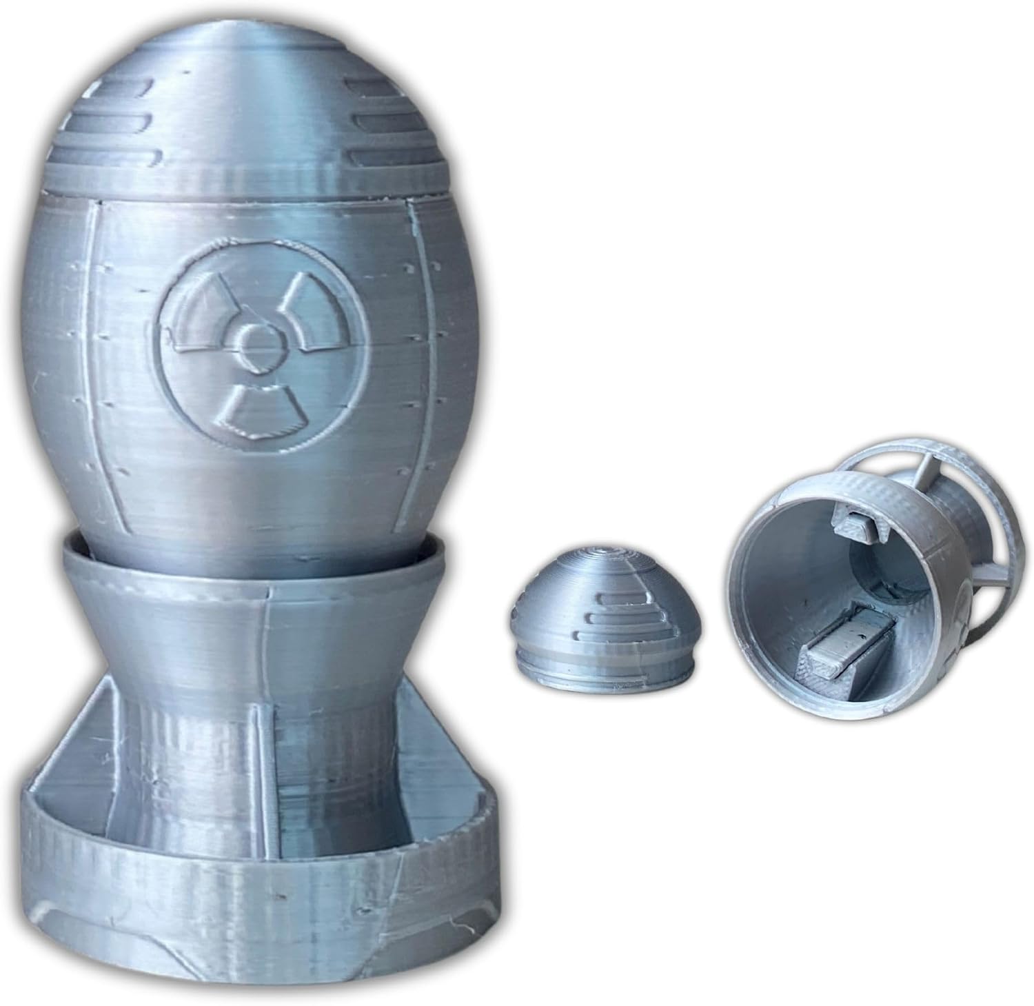 Post-Apocalyptic Decorative Replica Mini Nuke - 3D Printed Industrial Style Storage Container with Hidden Compartment - Metallic Silver Desk Accessory for Gamers & Collectors