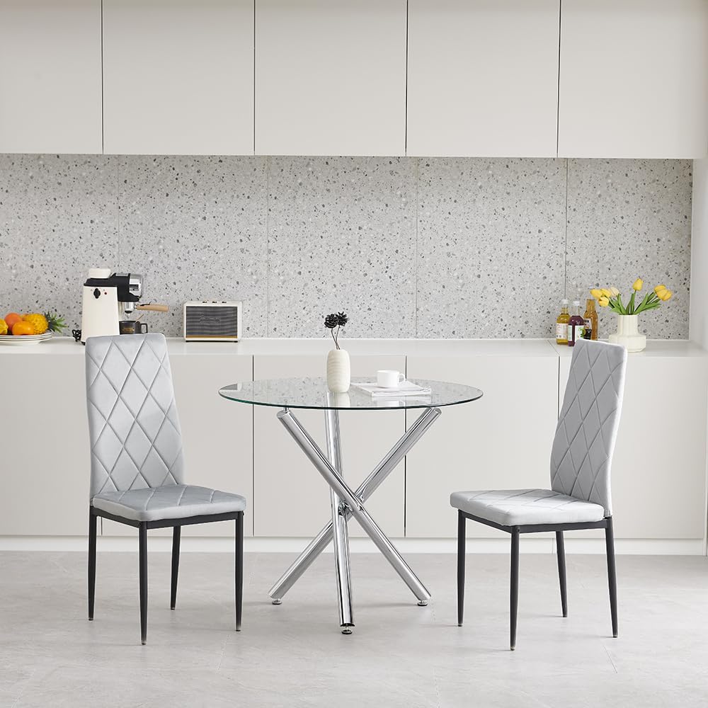 Pantanal 90cm Round Glass Dining Table and Grey Velvet Chairs Set of 2, Modern 3 Pieces Compact Kitchen Table with 2 Argyle Grid Chairs for Dinette Restaurant Small Space