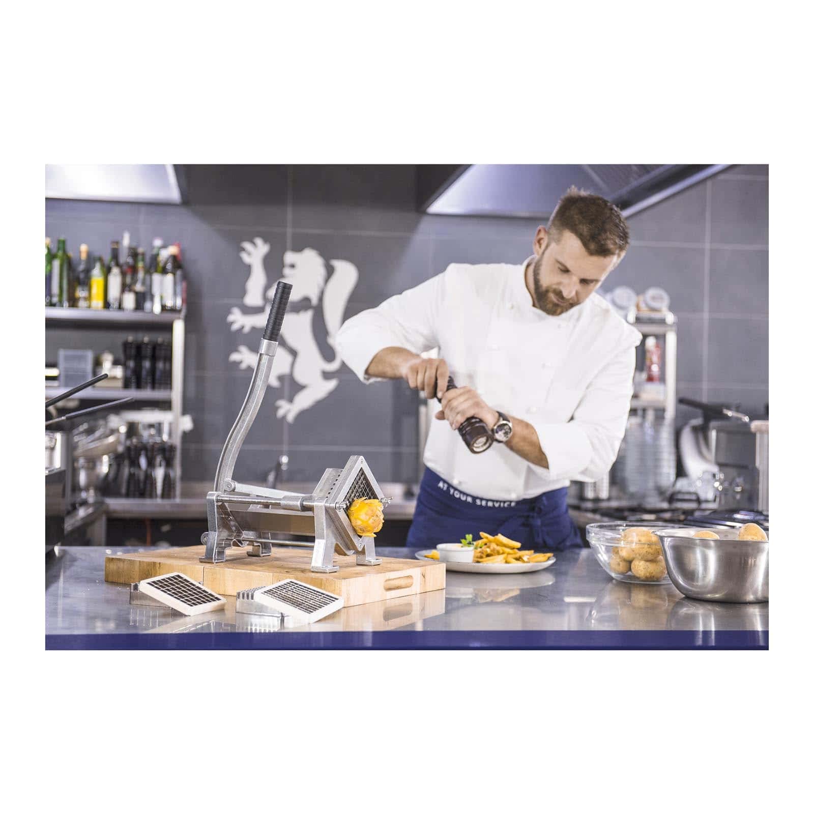 Royal Catering RCKS-3 Coupe-frites, pommes de terre, légumes (avec 3 lames 8 x 8/10 x 10/12 x 12, manuel, montage sur table et mural, acier inoxydable et aluminium, stable)
