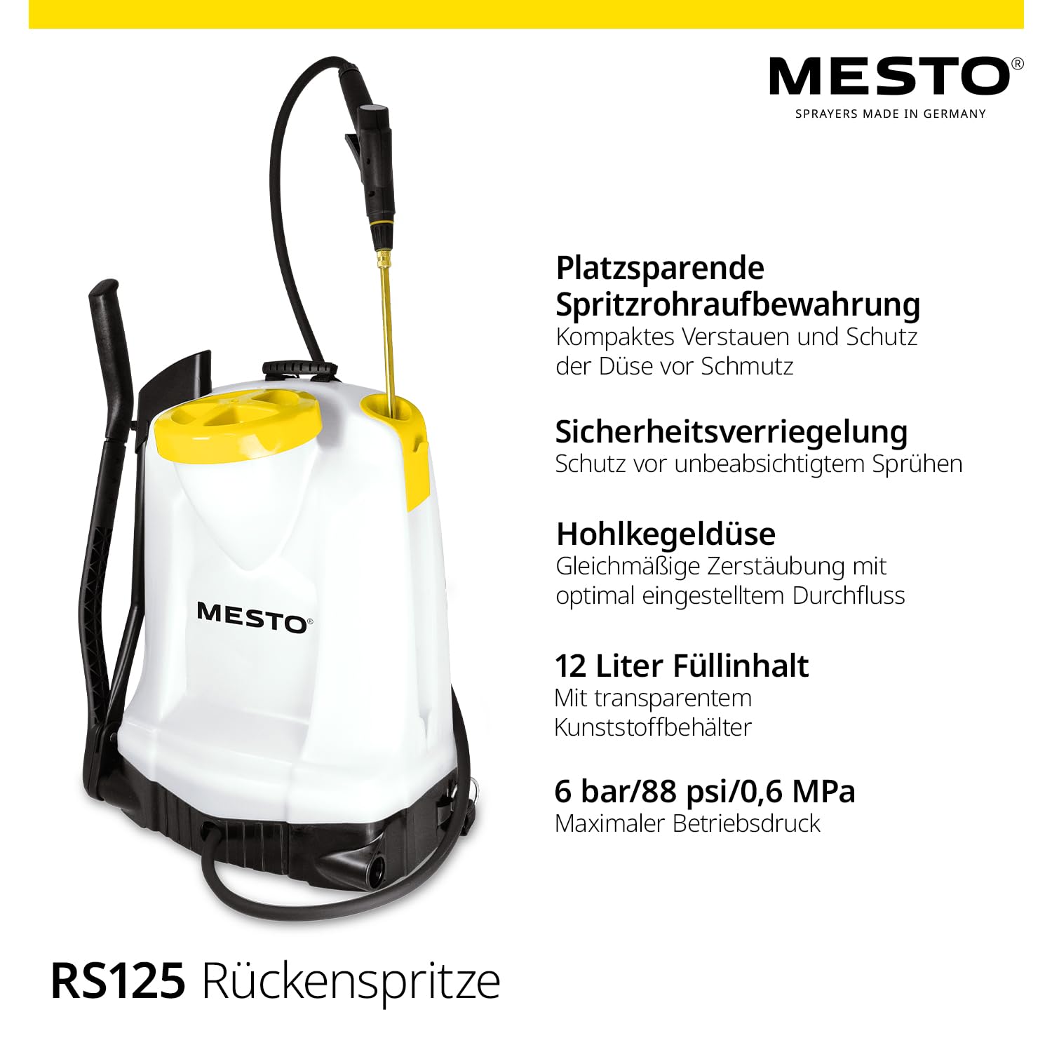 MESTO RS125 Rückenspritze 12 L Set inkl. Spritzschirm | Gartenspritze mit 6 bar Druck | Unkrautspritze Garten | mit ergonomischen Abstellventil & Kontrollmanometer | FPM-Dichtungen | Rückensprühgerät