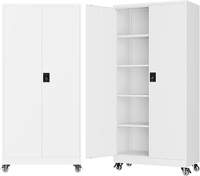 BYNSOE Metal Garage Storage Cabinet with Wheels,Metal Storage Cabinet with Adjustable Shelves,Steel Tool Cabinets with Locking Door for Home, School, Office, Garage White