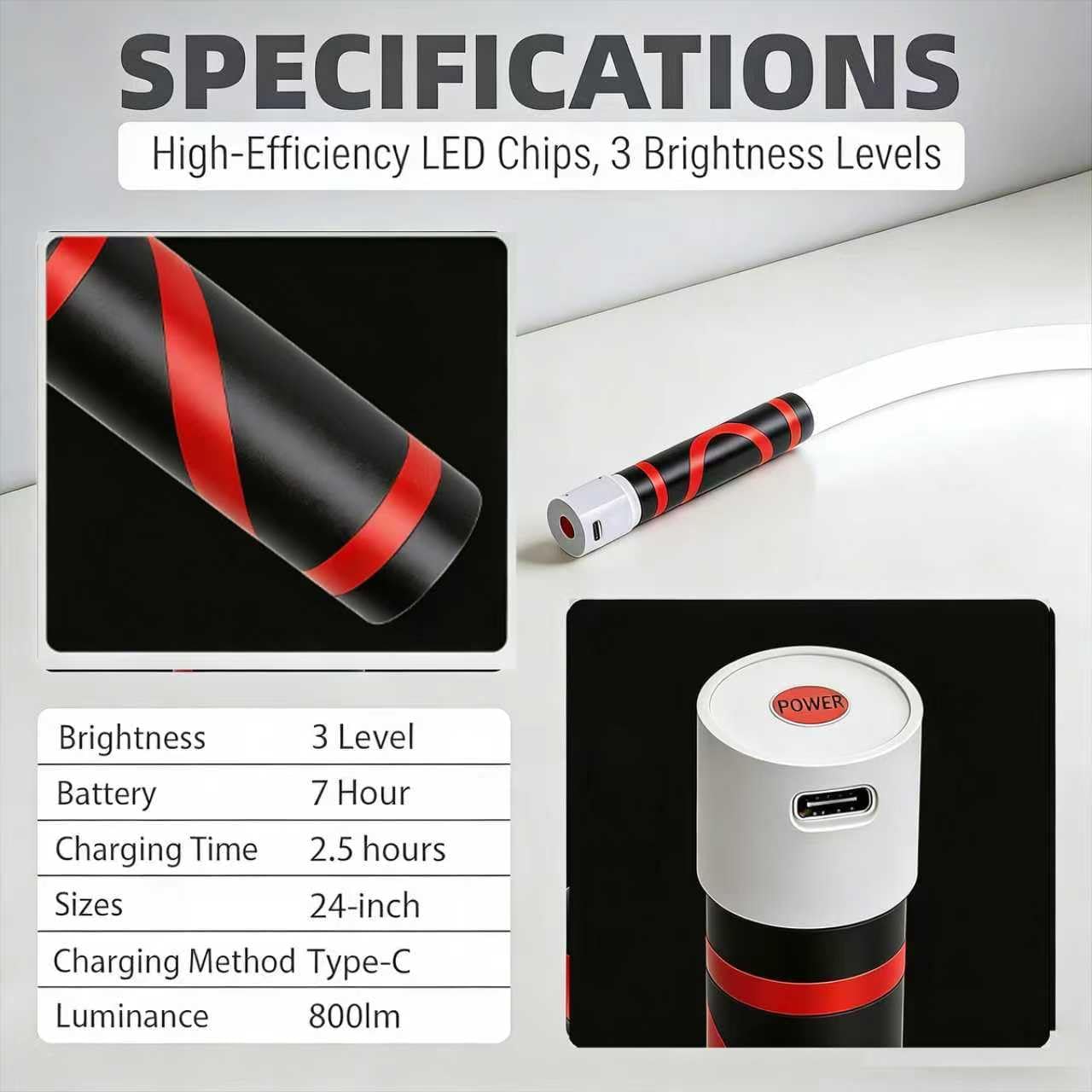 Bendable LED Flashlight Stick, 27" Flexible LED Work Light with Magnetic Base & Hook, 360° Rotatable Rechargeable LED Flashlight Stick for Mechanics, Automotive Repair, Camping, Emergency (2PCS)