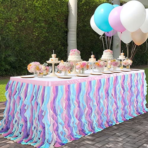 Rainbow Table Skirt For Rectangle Tables 17Ft Unicorn Birthday Party Decorations Baby Shower Round Square Desk Pastel Candy Wedding Bridal Baptism Mermaid Halloween Chirstmas Gender Reveal Supplies #TOP4