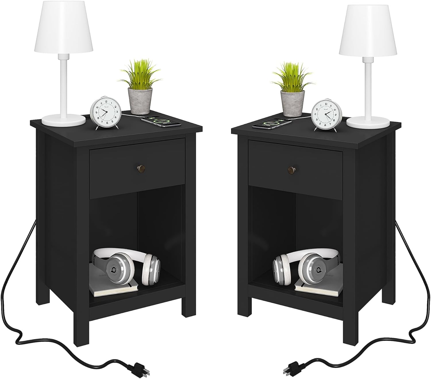 ChooChoo Black Nightstand Set of 2,Night Stand with Charging Station, Wooden Top Bedside End Table with Drawer and Storage Space for Bedroom Black 2