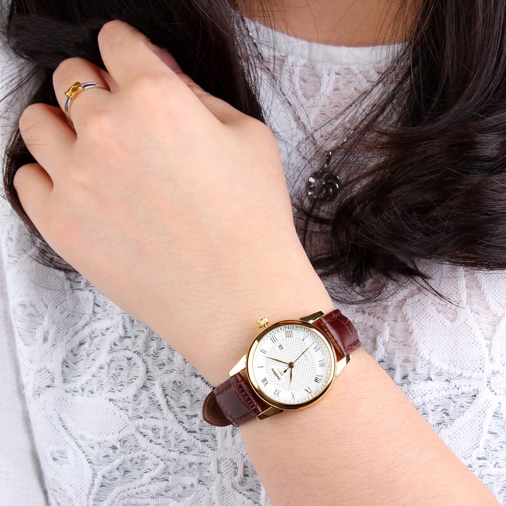 Fashion Elegante Analogico Quarzo Orologi da Polso da Donna e Uomo Acciaio Inox Cassa e Pelle Banda Orologio Numeri Romani Calendario