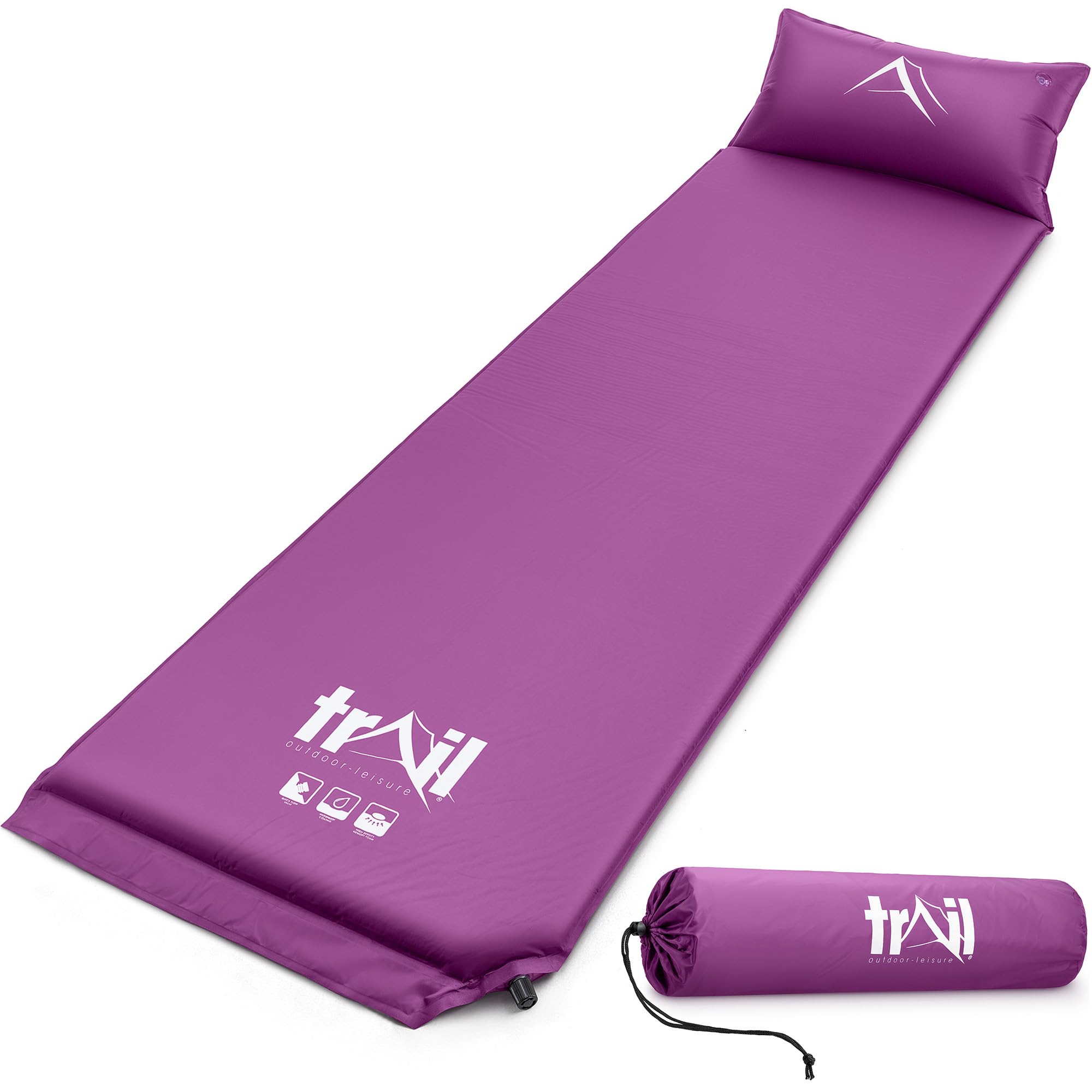 Trail Self Inflating Camping Mat With Pillow 2.5cm Thick Single Sleeping Pad With Bag (Purple)